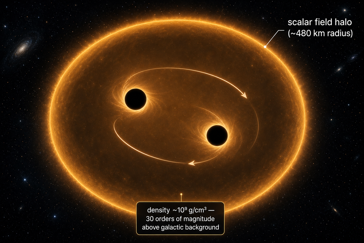 Cross-section diagram of two black holes in a binary orbit surrounded by a translucent amber scalar field halo with a callout noting the density is 30 orders of magnitude above the galactic dark matter background