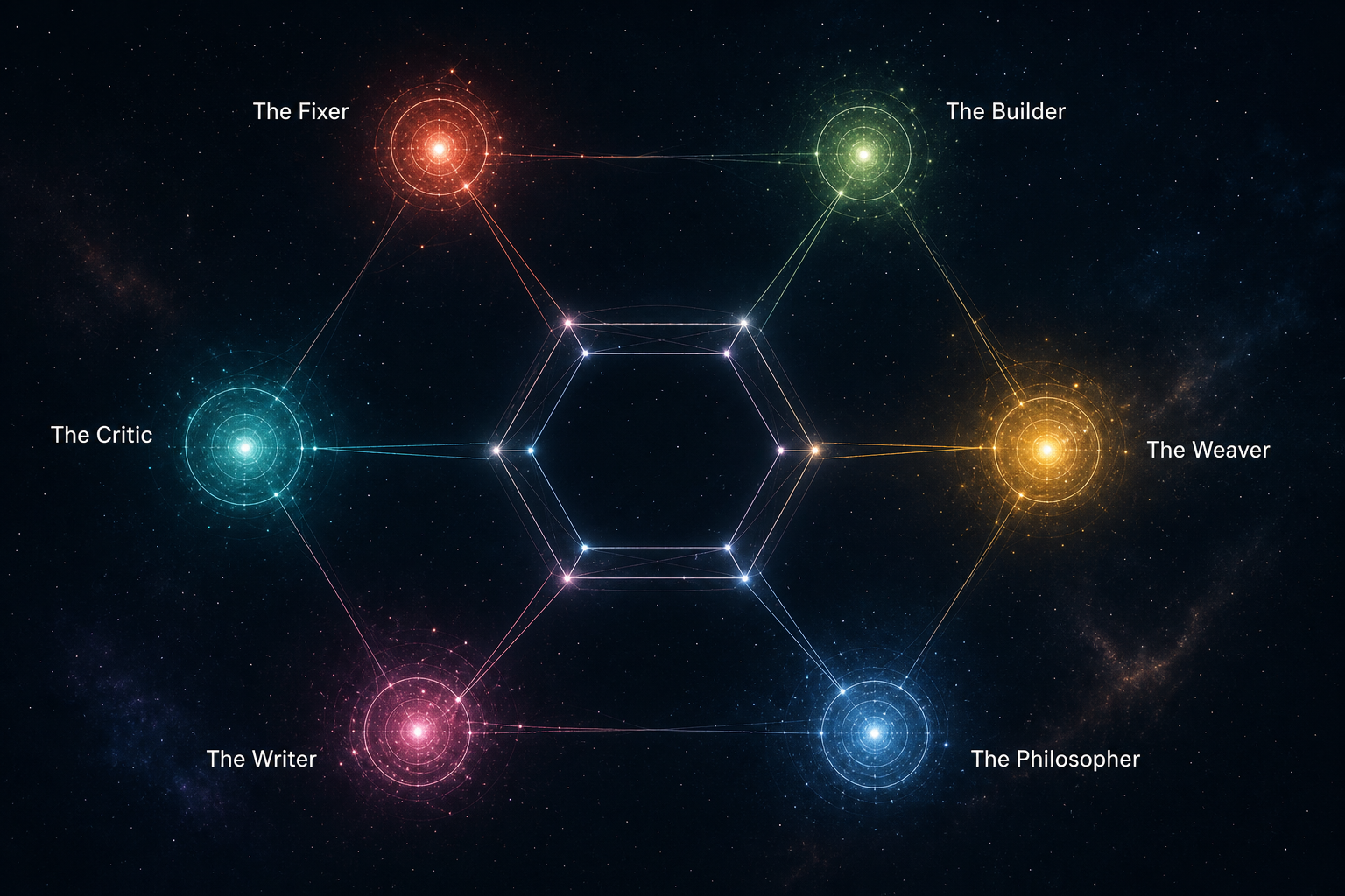 Constellation diagram: six glowing colored nodes arranged in a ring around an open hexagonal framework, labeled The Fixer, The Builder, The Weaver, The Philosopher, The Writer, and The Critic. Each connected to a shared center that holds space rather than converging to a point.