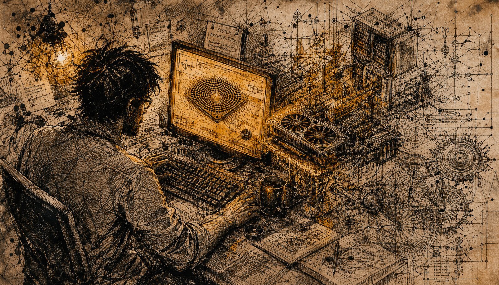 Cover Image A GPU chip as an ancient amphitheater with 256 niches, only 8 glowing amber. Wood grain transforms into circuit traces beneath it.