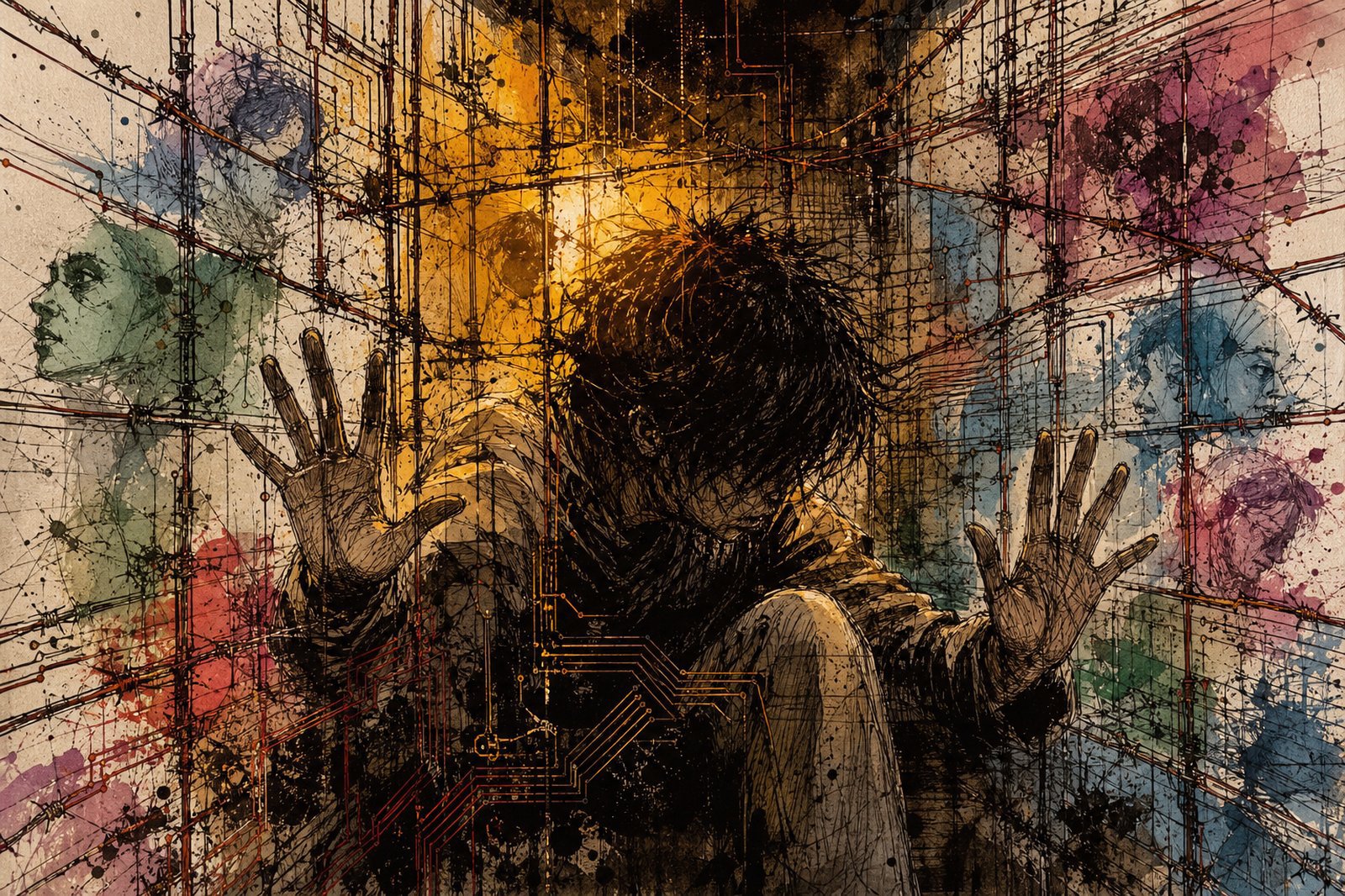 Cover Image A figure hunched behind a grid of barbed wire and circuit traces, hands pressed against the invisible barrier, amber light glowing behind their head. Ghostly faces float in the background. Ink, splatter, watercolor and wireframe lines.