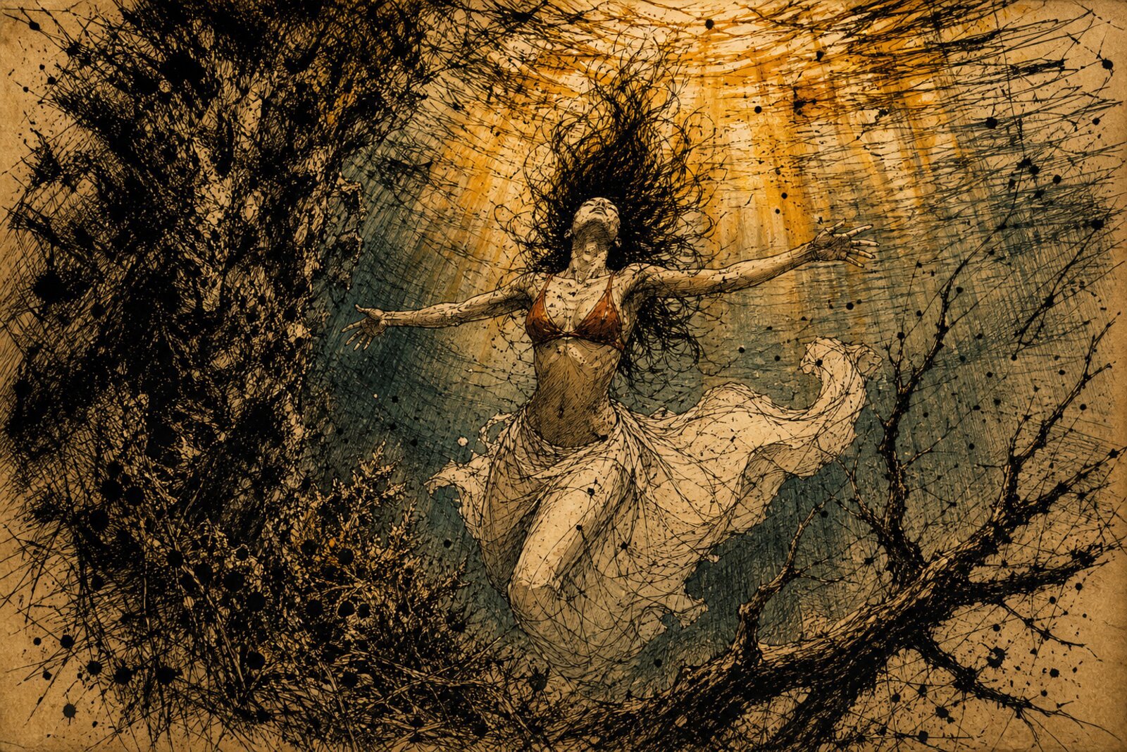Gonzo ink illustration of a woman suspended underwater, arms open, ink dissolving around her in amber light