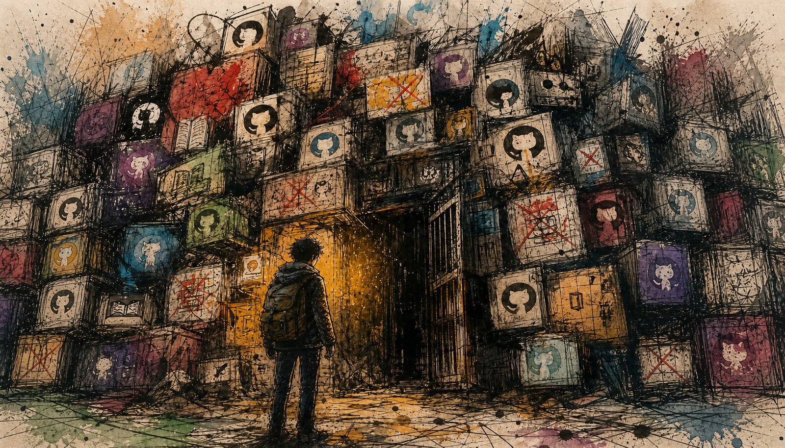 Cover Image A figure standing at the entrance to a walled city, holding a key shaped like a markdown file, while the walls are covered in scribbled complaints about visitors
