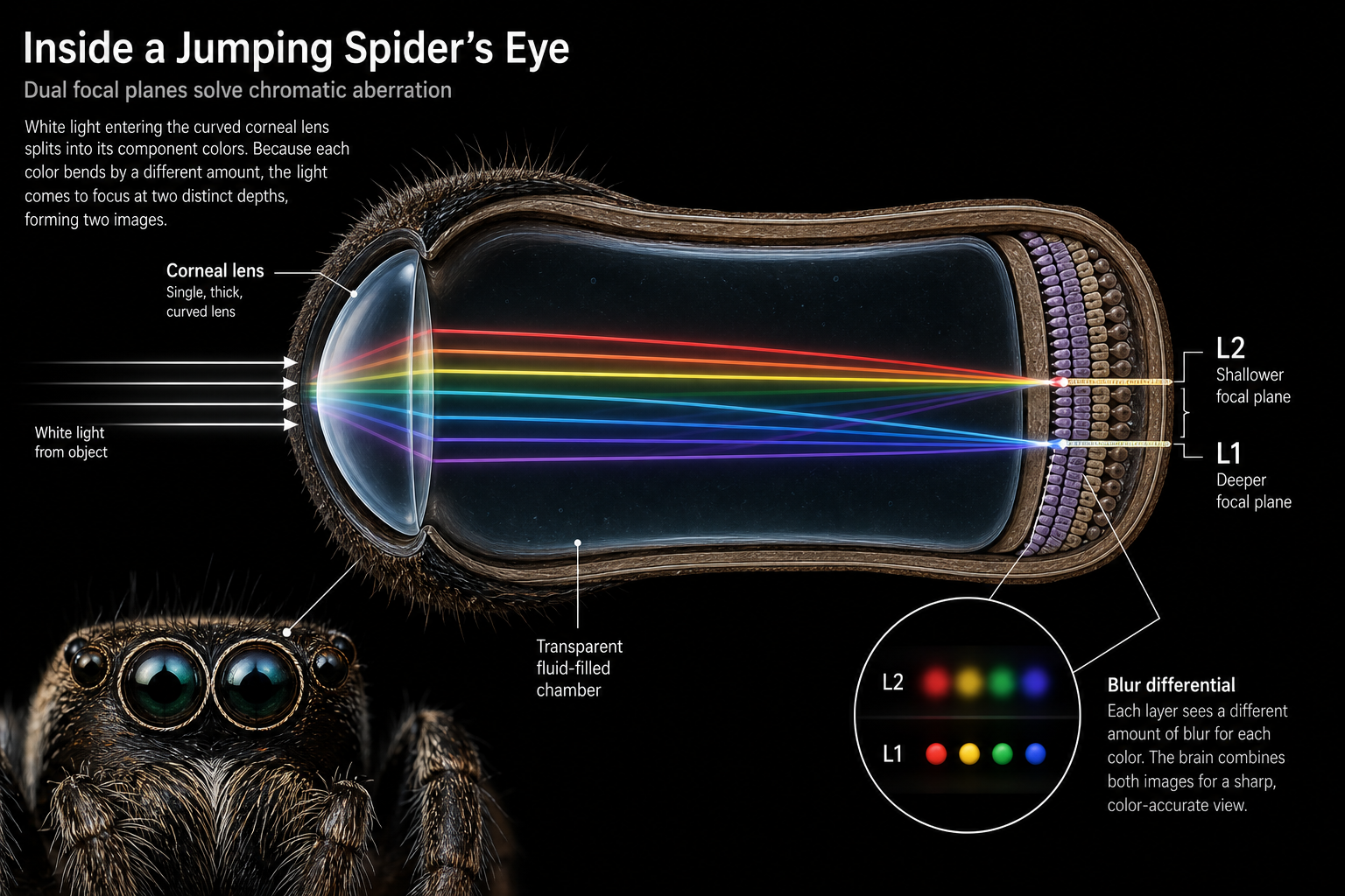 Cross-section diagram of a jumping spider's principal eye: white light enters through a thick curved lens, splits into rainbow color bands inside the eye, and converges at two distinct focal planes labeled L1 and L2, with a magnified callout showing the blur differential between the two layers