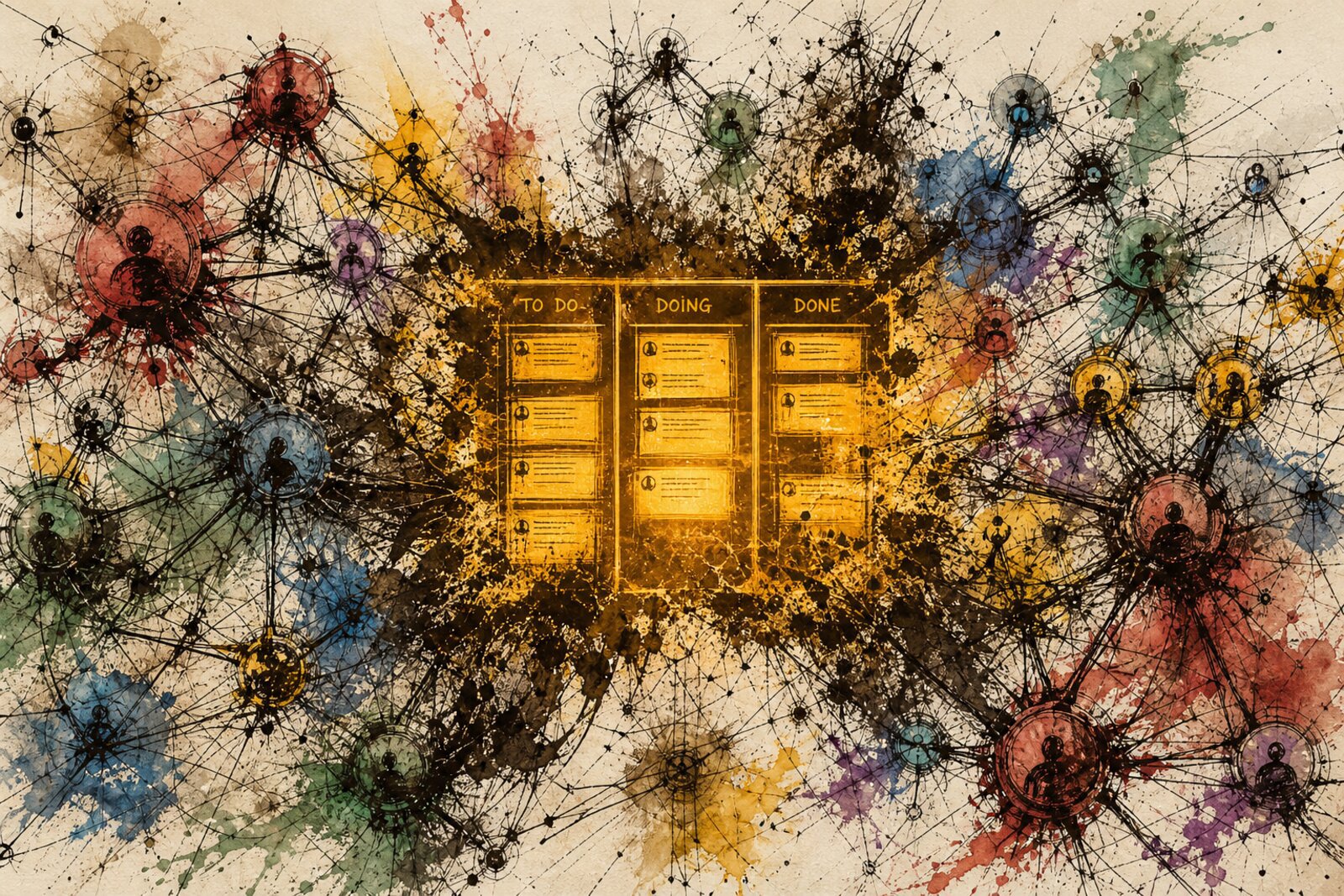 A frantic ink-line illustration showing a complex network of glowing agent nodes connected by threads, all flowing into a simple three-column kanban board rendered on amber terminal phosphor, the contrast between chaos and structure