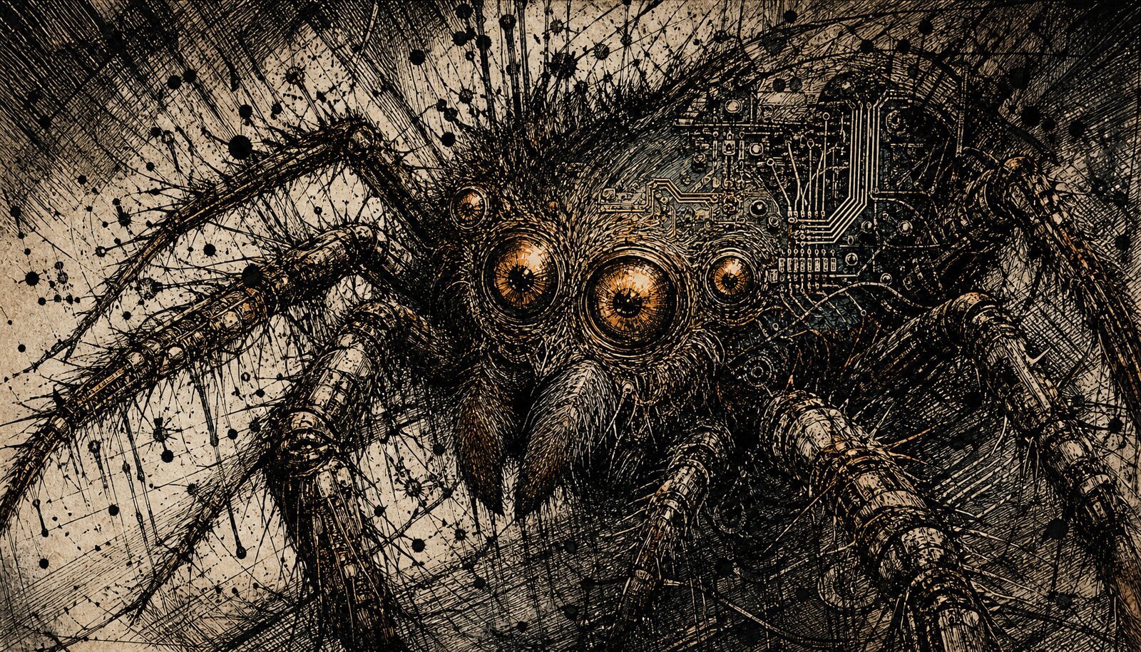 The full face of a jumping spider — the right half biological chitin and hair, the left half copper and silicon and glass — the two sides integrated into a single creature, showing what could exist if the pieces were ever connected