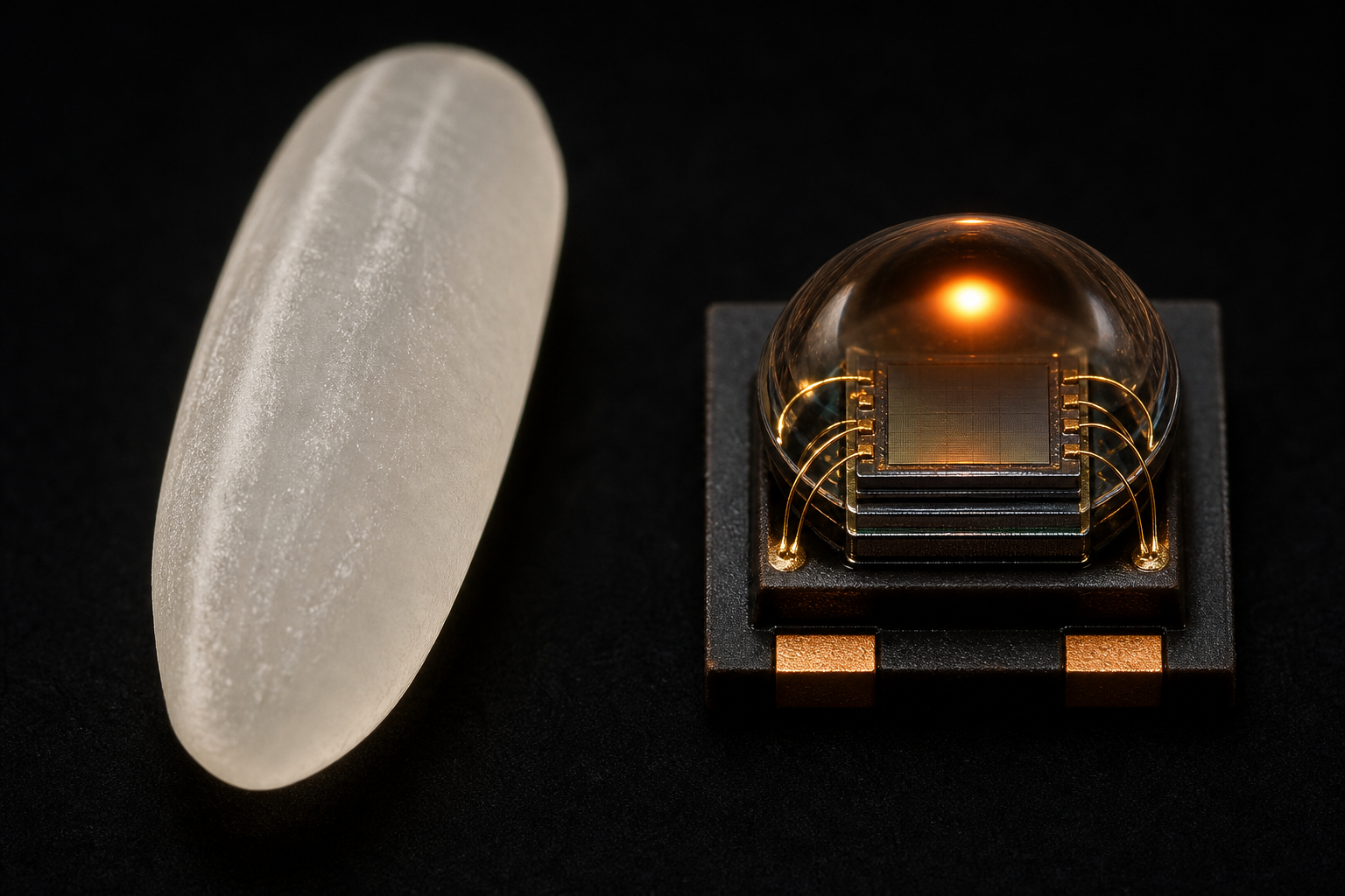 Product photography macro shot on a dark background: a grain of long-grain white rice next to a small square sensor package with a molded dome lens, stacked three-layer silicon die, gold bond wires, and copper contact pads