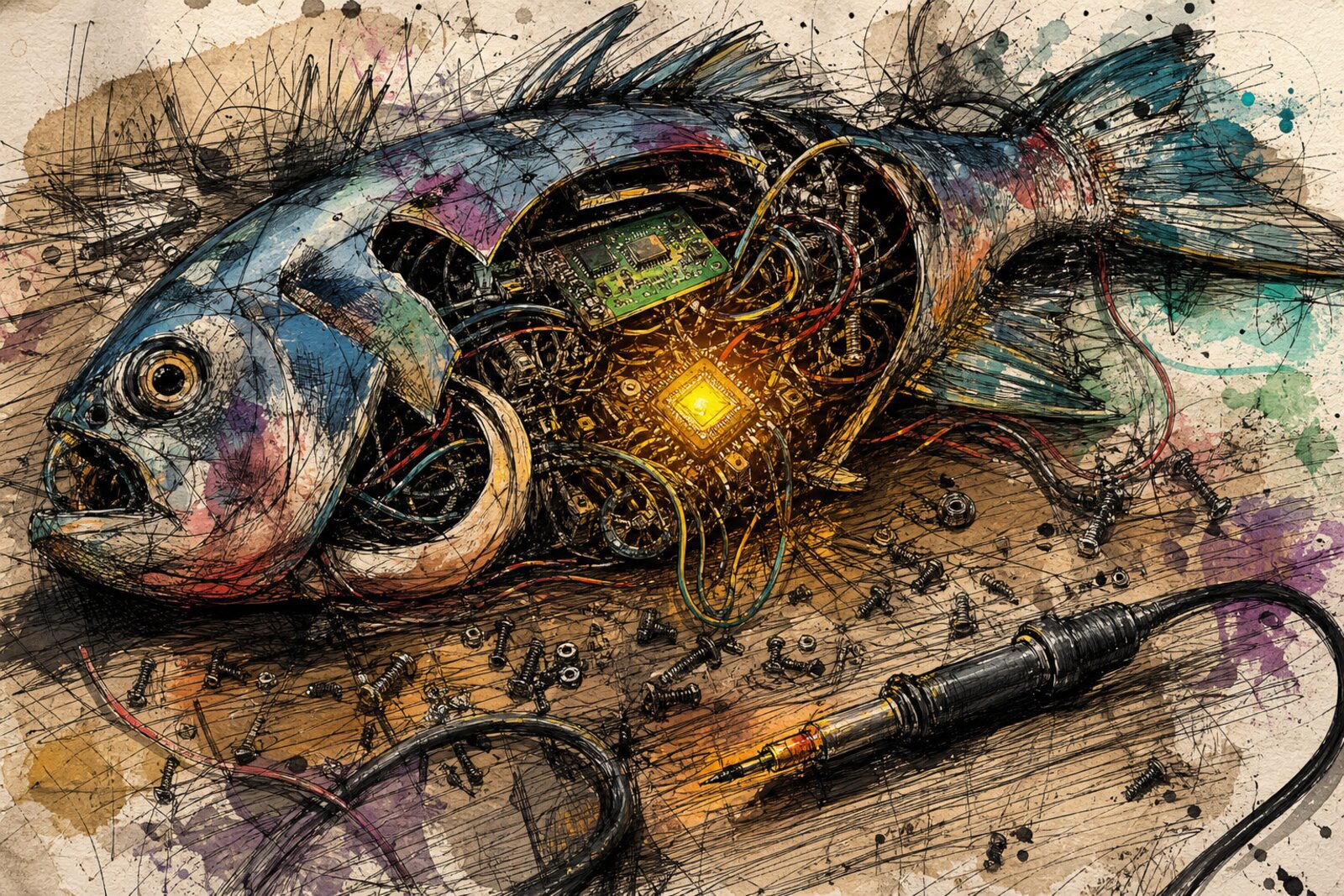 Cover Image A dissected Big Mouth Billy Bass on a wooden workbench, wires spilling out of its open back, ink and splatter style illustration