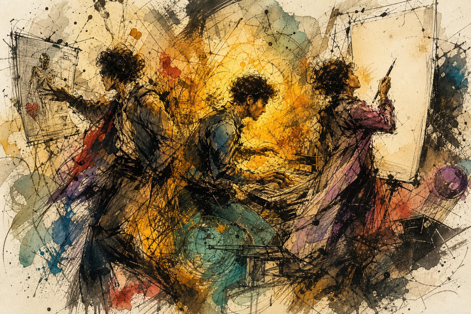 Three human figures in an amber-dark space, none seated, each moving in a separate direction