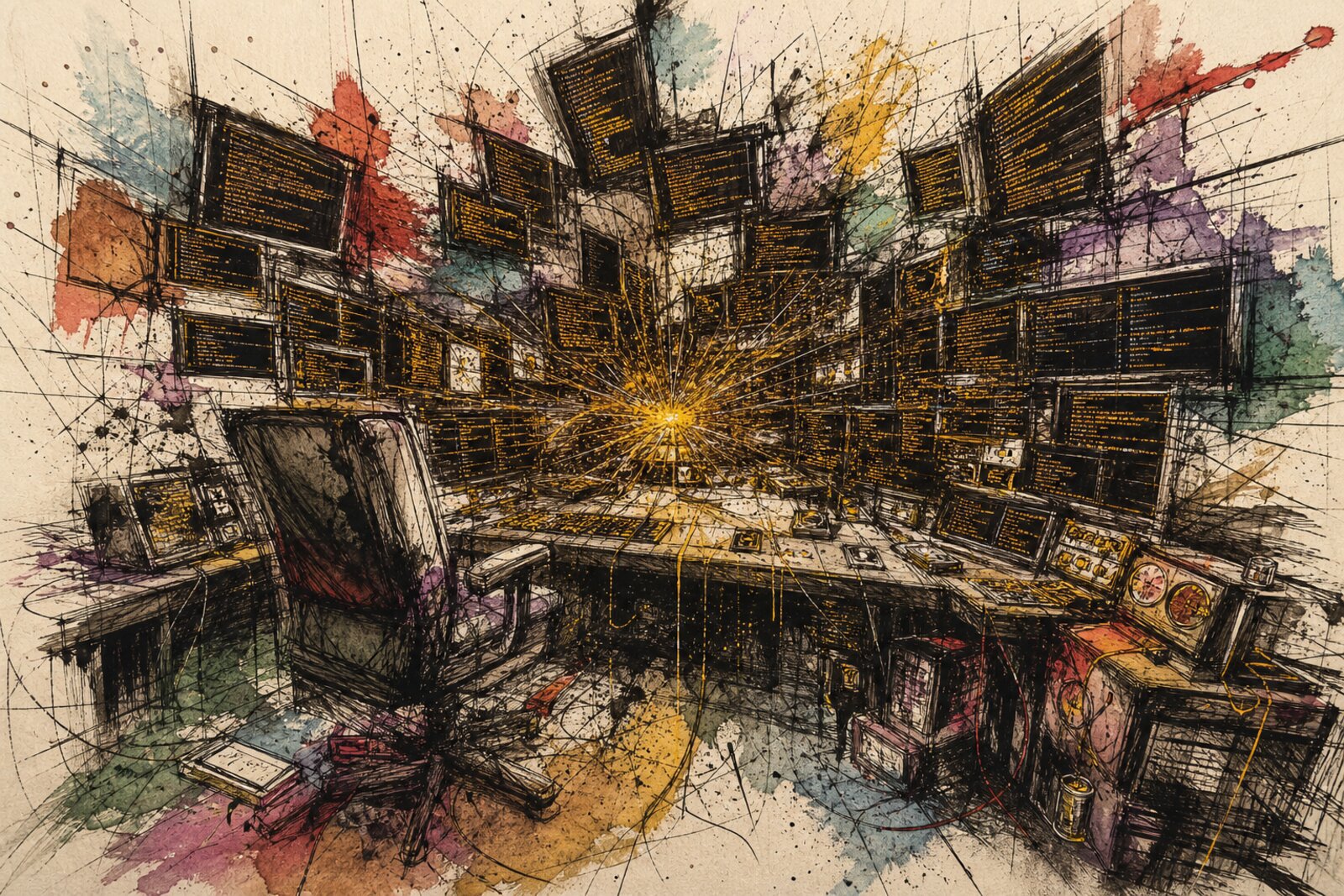 Cover Image A terminal window split into multiple panes, each showing scrolling command-line output, rendered in frantic ink-line style with warm amber tones against a dark background
