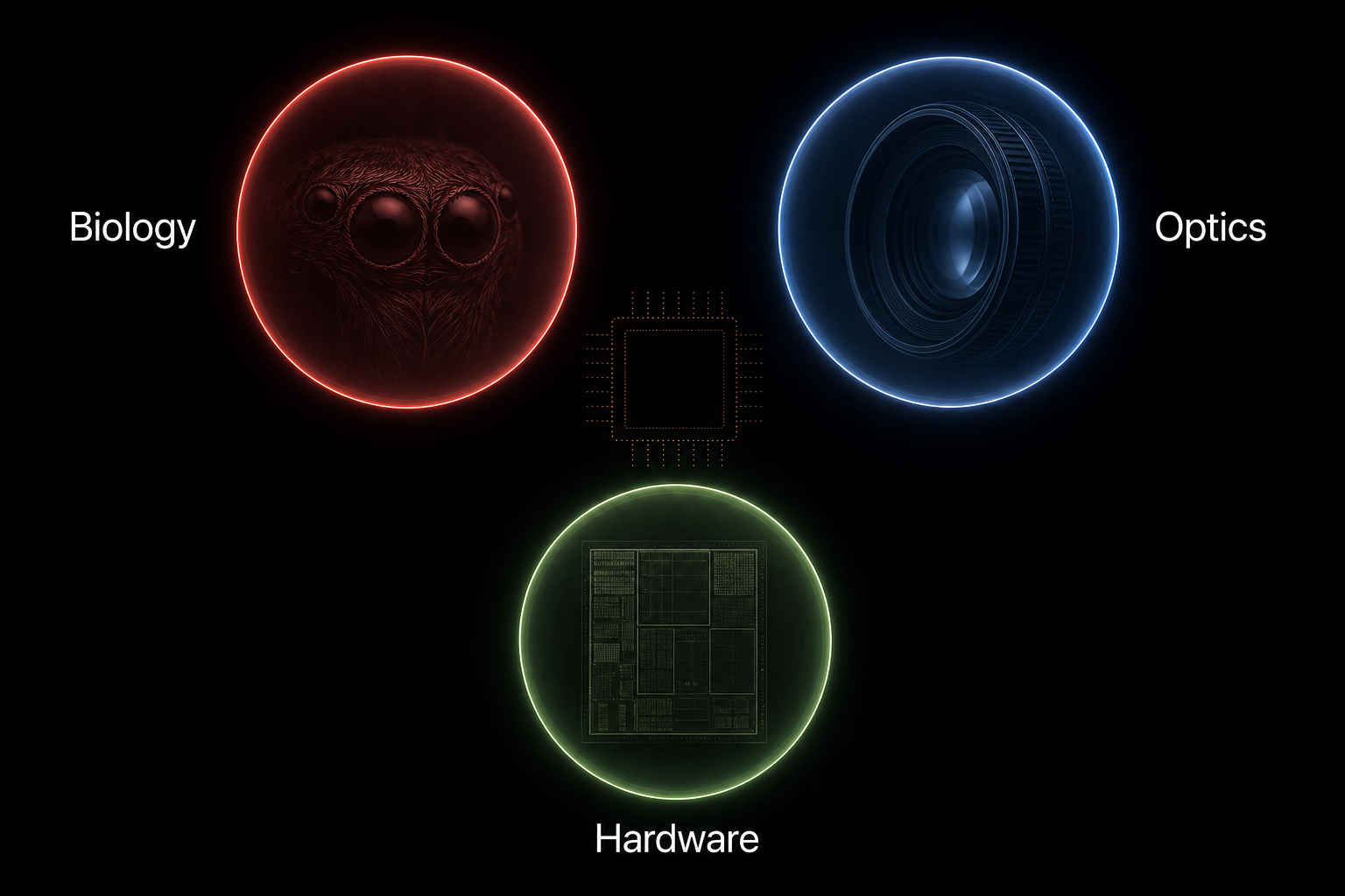 Diagram of three non-overlapping translucent spheres labeled Biology, Optics, and Hardware arranged in a triangle with visible gaps between them. At the center, a faint ghost outline of a sensor chip in dotted amber lines — the pieces that never connect.