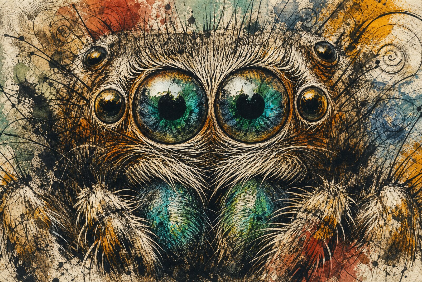 Cover Image Macro close-up of a Portia jumping spider — its two large principal eyes gleaming with iridescent green-blue, fine hairs covering the carapace, surrounded by faint neural-and-mathematical patterns rendered in amber ink on warm parchment