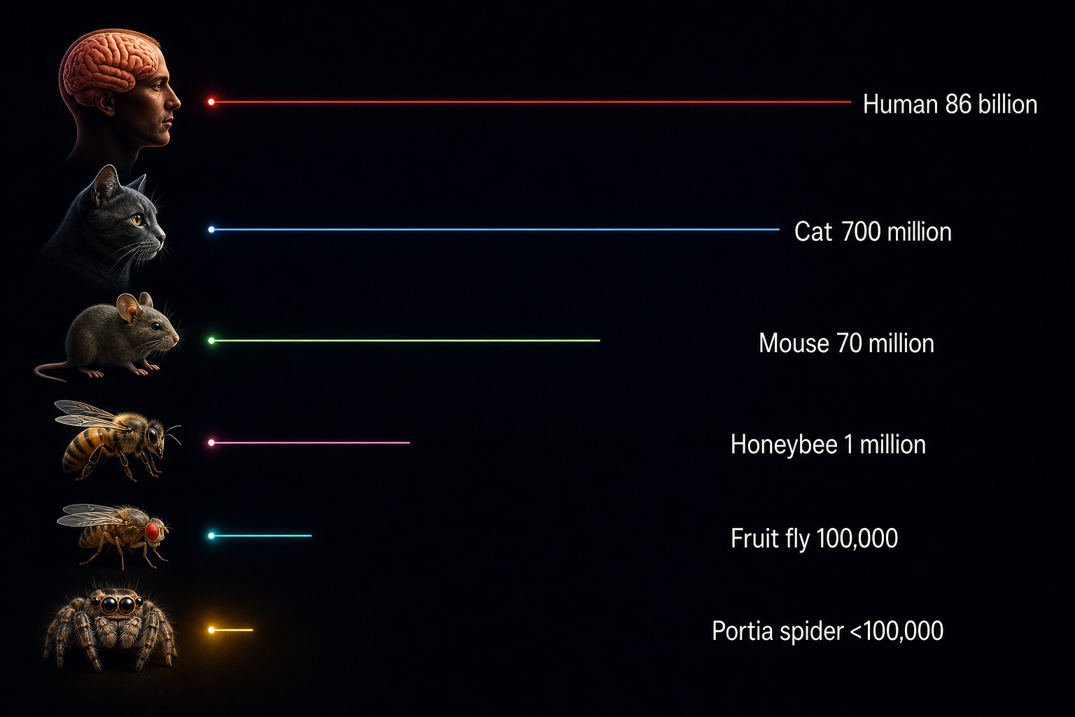 A vertical scale chart comparing neuron counts across species: human (86 billion) at top, cat (700 million), mouse (70 million), honeybee (1 million), fruit fly (100,000), and Portia spider (<100,000) at bottom — with Portia's line highlighted in amber glow