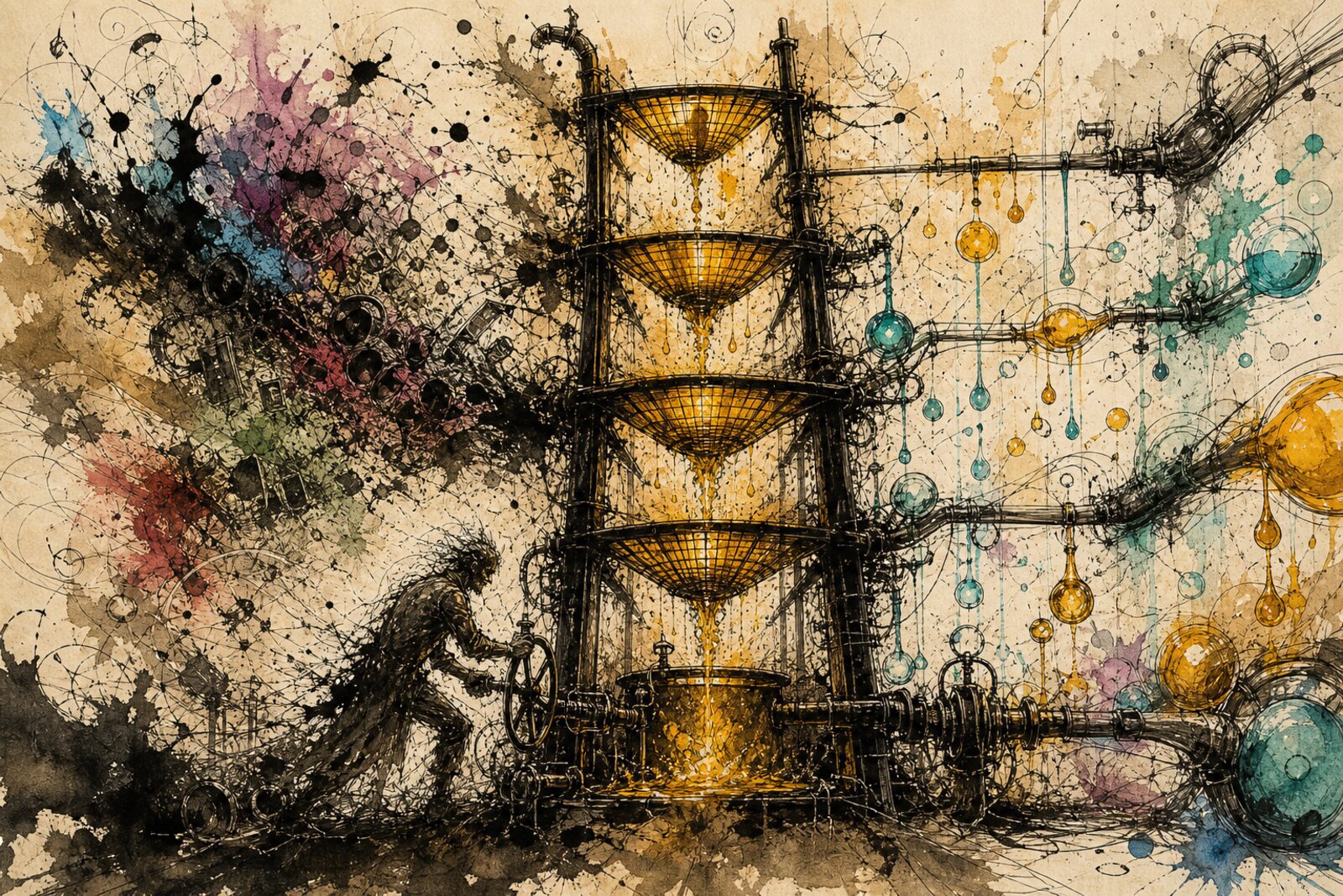 A tall ladder rising from a churning ink-black sea of scribbled fragments, each rung glowing amber, a human figure at the base with one foot on the first rung