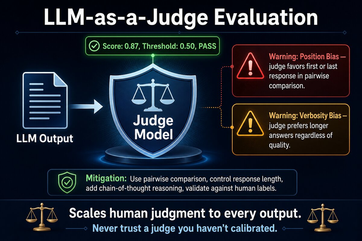 A judge model scoring diagram: an LLM output enters a Judge Model, which produces a GEval score of 0.87 (above threshold 0.50, marked PASS). Two warning labels appear: Position Bias (judge favors first or last response) and Verbosity Bias (judge prefers longer answers). Mitigation strategies listed: pairwise comparison, control response length, chain-of-thought reasoning, validate against human labels.