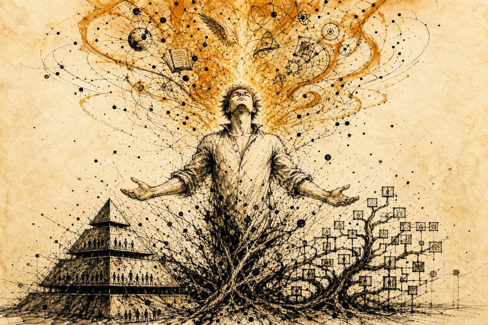 Cover Image An idealized human figure stands at the center, head tilted upward with radiant amber light streaming from their mind. At their feet, a three-tier pyramid and a branching directory tree converge and interlock. The human is the source of both knowledge structures.