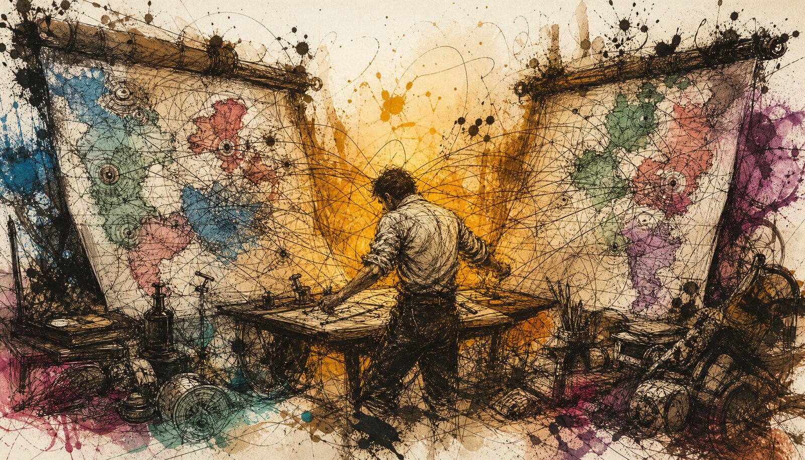 Cover Image A gonzo ink illustration of a human figure in rolled-sleeve shirt standing at a drafting table between two large unrolled maps connected by a frantic web of ink lines, amber glow at the center, ink splatter on parchment.