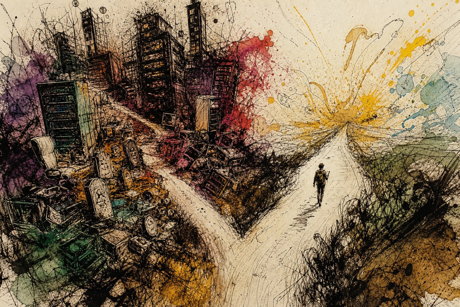 A frantic pen-and-ink illustration of two paths diverging: one cluttered with abandoned features, empty offices, and server racks; the other clean and sparse with a single figure walking a clear line. Warm parchment tones with amber highlights.