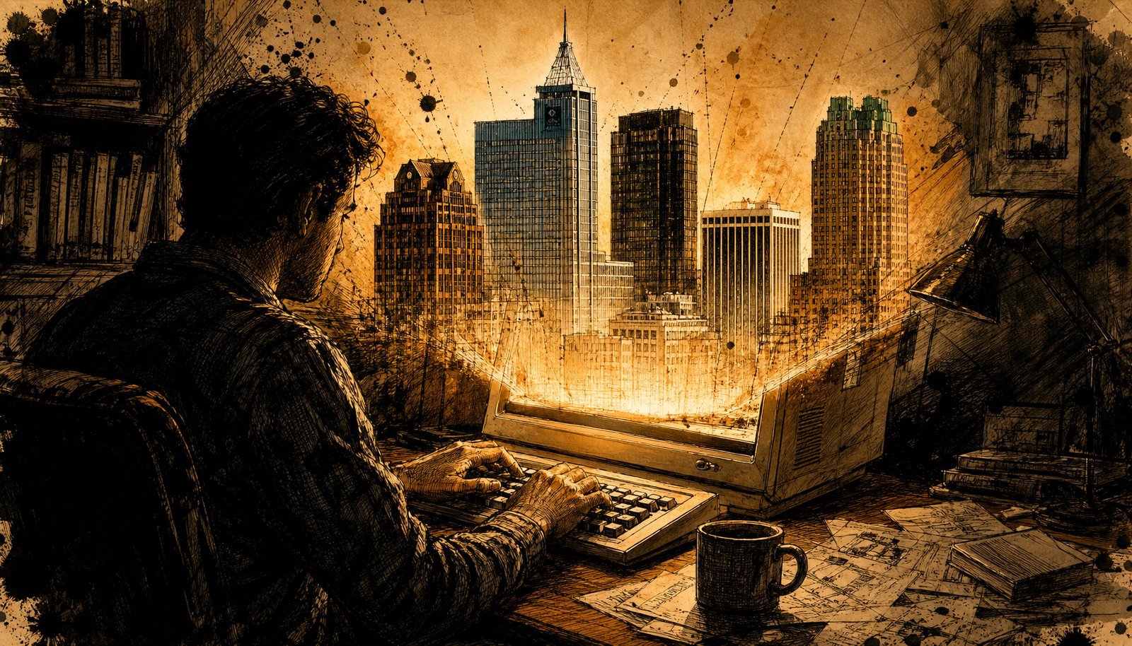 A command-line terminal window with city data flowing through it, rendered in gonzo ink style on warm parchment