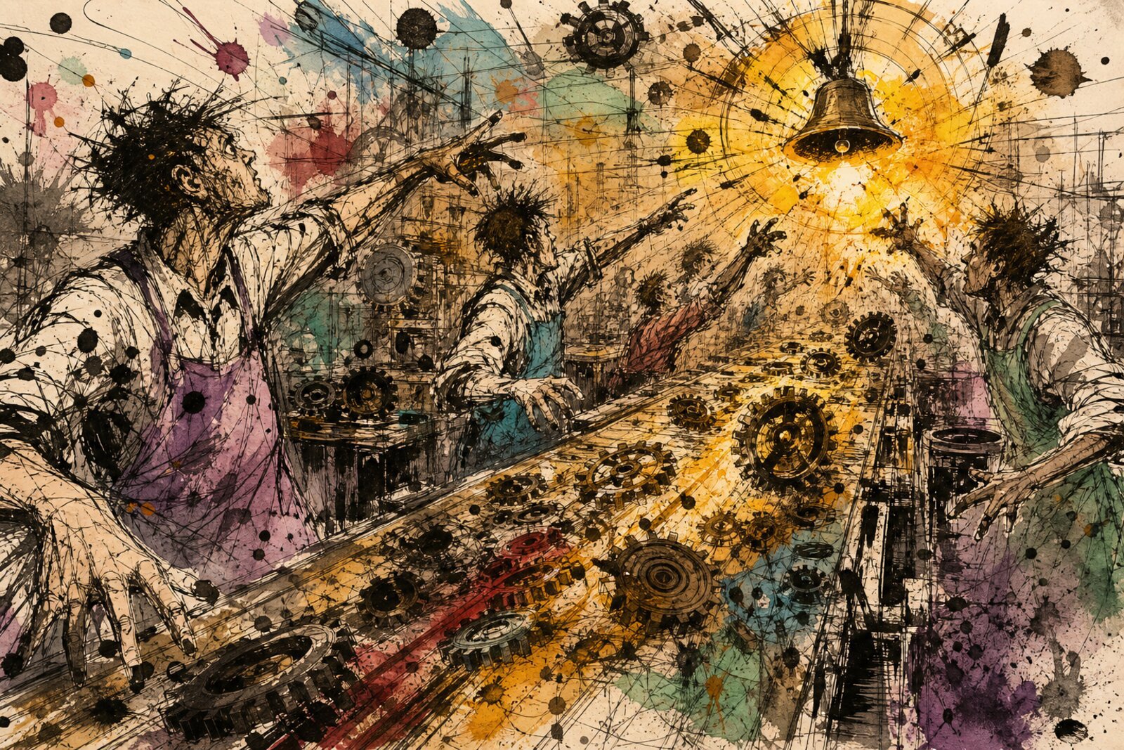 A dip-pen ink illustration of a factory floor where workers are assembling gears at a conveyor belt, but every few seconds a bell rings and the conveyor resets, scattering the gears back to their starting positions. The workers' hands are frozen mid-reach, never quite completing the assembly. Warm parchment ground, amber highlights, frantic linework.