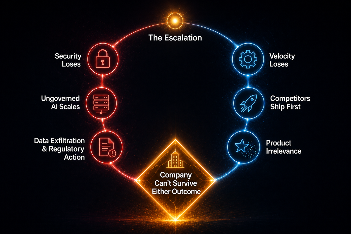 Branching path diagram showing two collapse sequences: security losing leads to data exfiltration and regulatory action, velocity losing leads to product irrelevance and talent exodus. Both converge on the same outcome: the company can't survive either.