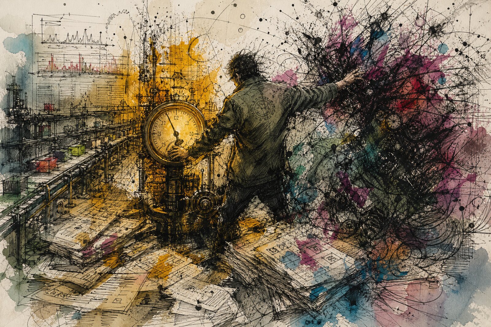 Cover Image A factory floor made of circuit traces and error budget gauges, with incident timelines running like conveyor belts through an AI flywheel. Ink and amber on parchment, controlled delirium.