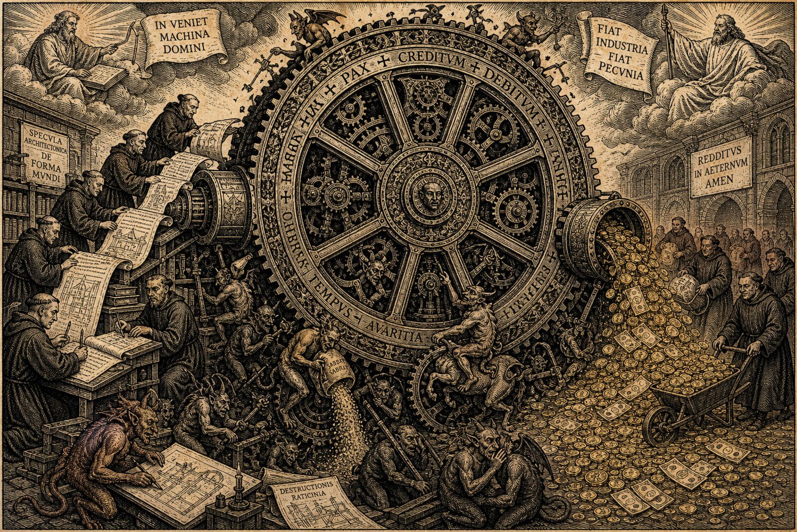 A colossal woodcut-style flywheel covered in runes and gears. Monk scribes feed scrolls of specs into one side. Other monks wheelbarrow cash from the other. Imps and demons swarm the mechanism, prying at gears and pouring sand into the works.
