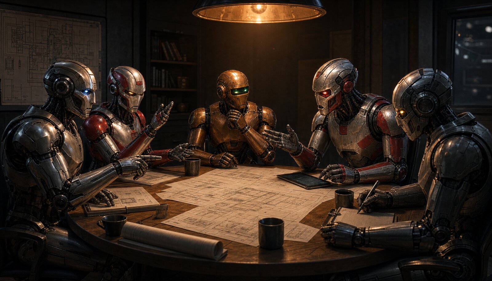 Five anthropomorphic robots seated around a circular table in a dramatic council chamber, blueprints spread across the table, mid-debate under warm amber pendant light