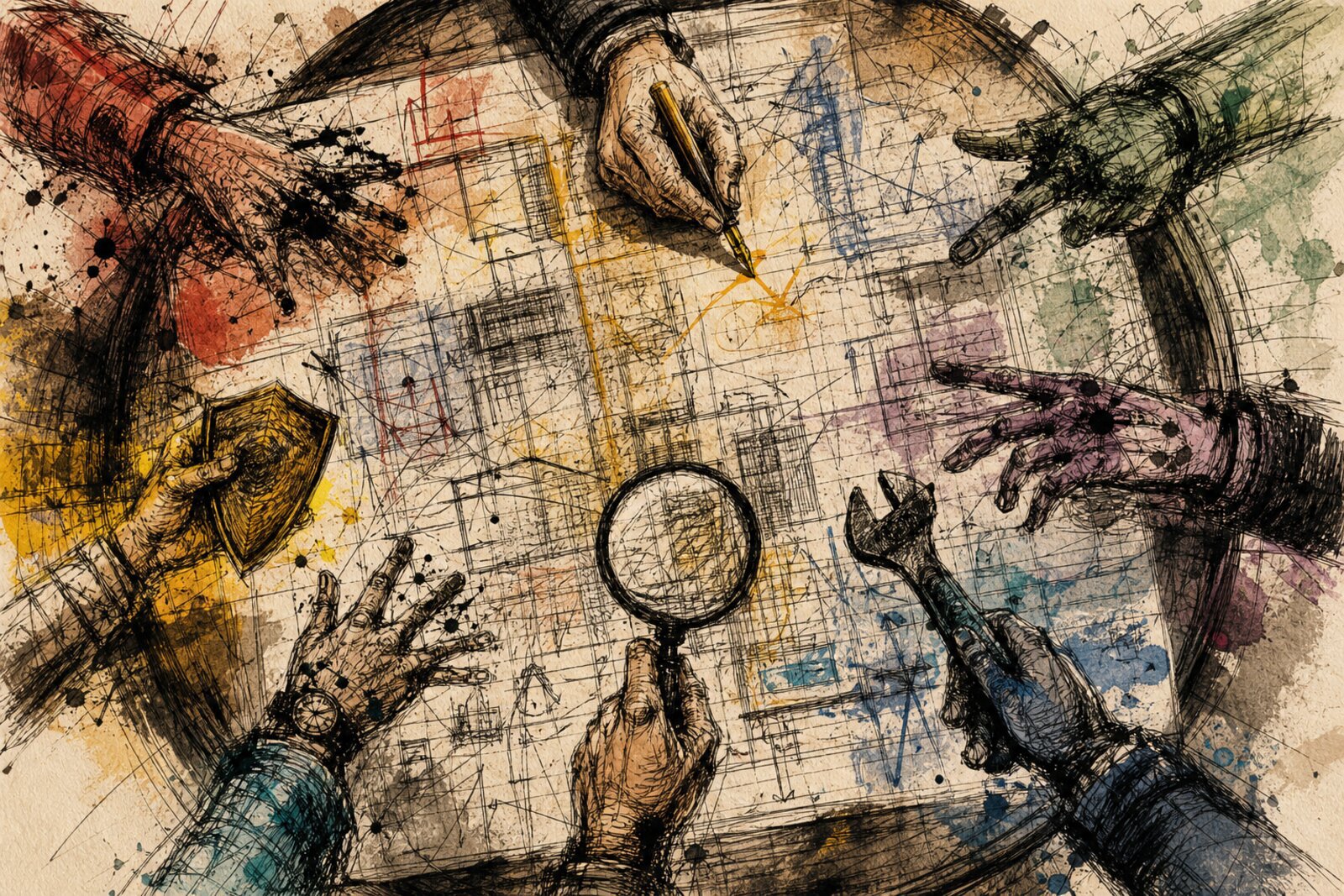 Multiple hands reaching toward a shared blueprint from different directions, each holding a different tool (wrench, magnifying glass, shield, pen), rendered in gonzo ink illustration style on warm parchment
