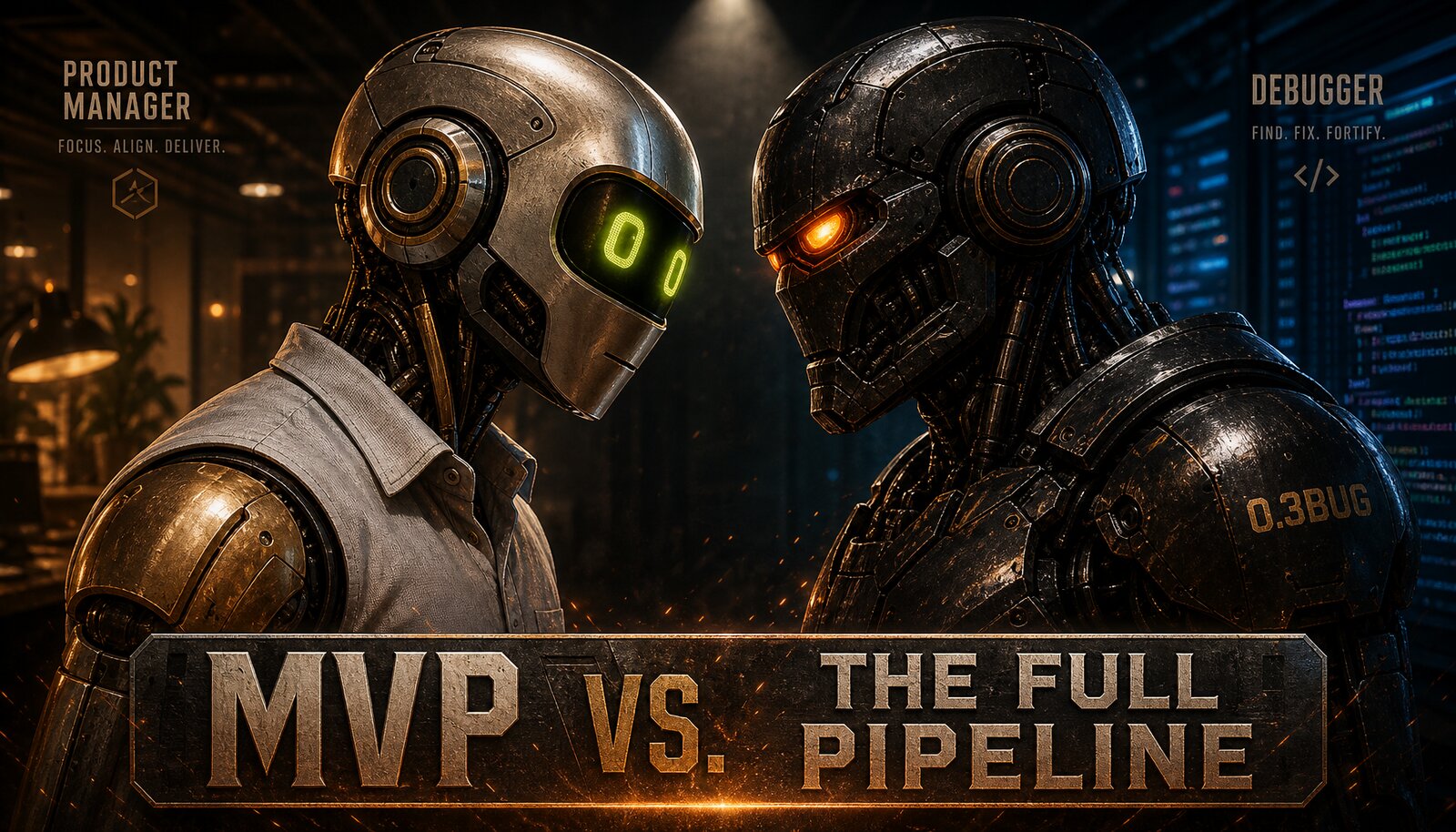 Two robots in a dramatic UFC-style face-off. Left: Product Manager with green LED eyes, labeled FOCUS ALIGN DELIVER. Right: Debugger with orange LED eyes, labeled FIND FIX FORTIFY. Banner reads MVP VS THE FULL PIPELINE.