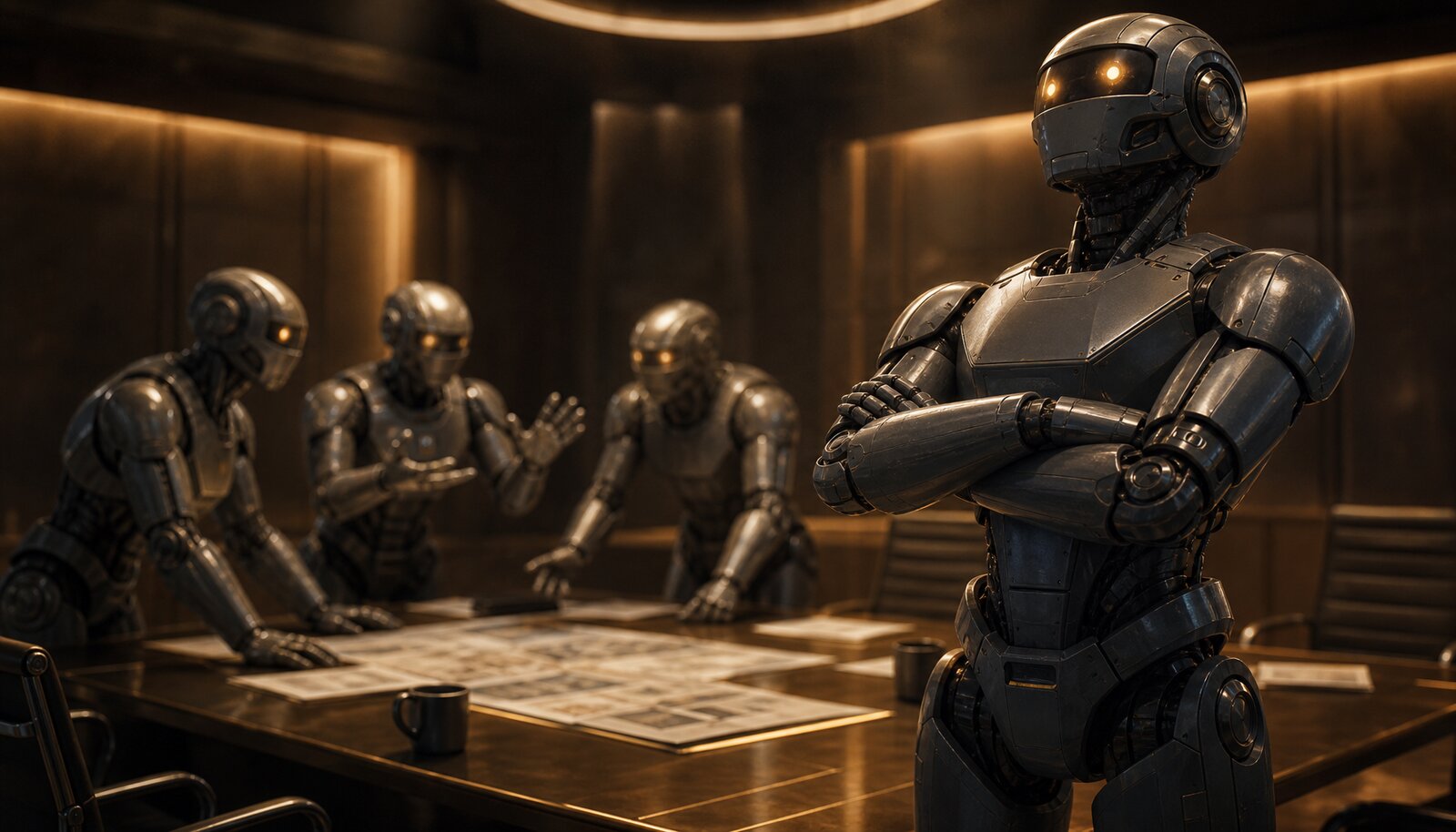Implementation Planner robot standing firm with arms crossed in a project war room, three other robots out of focus in the background trying to persuade