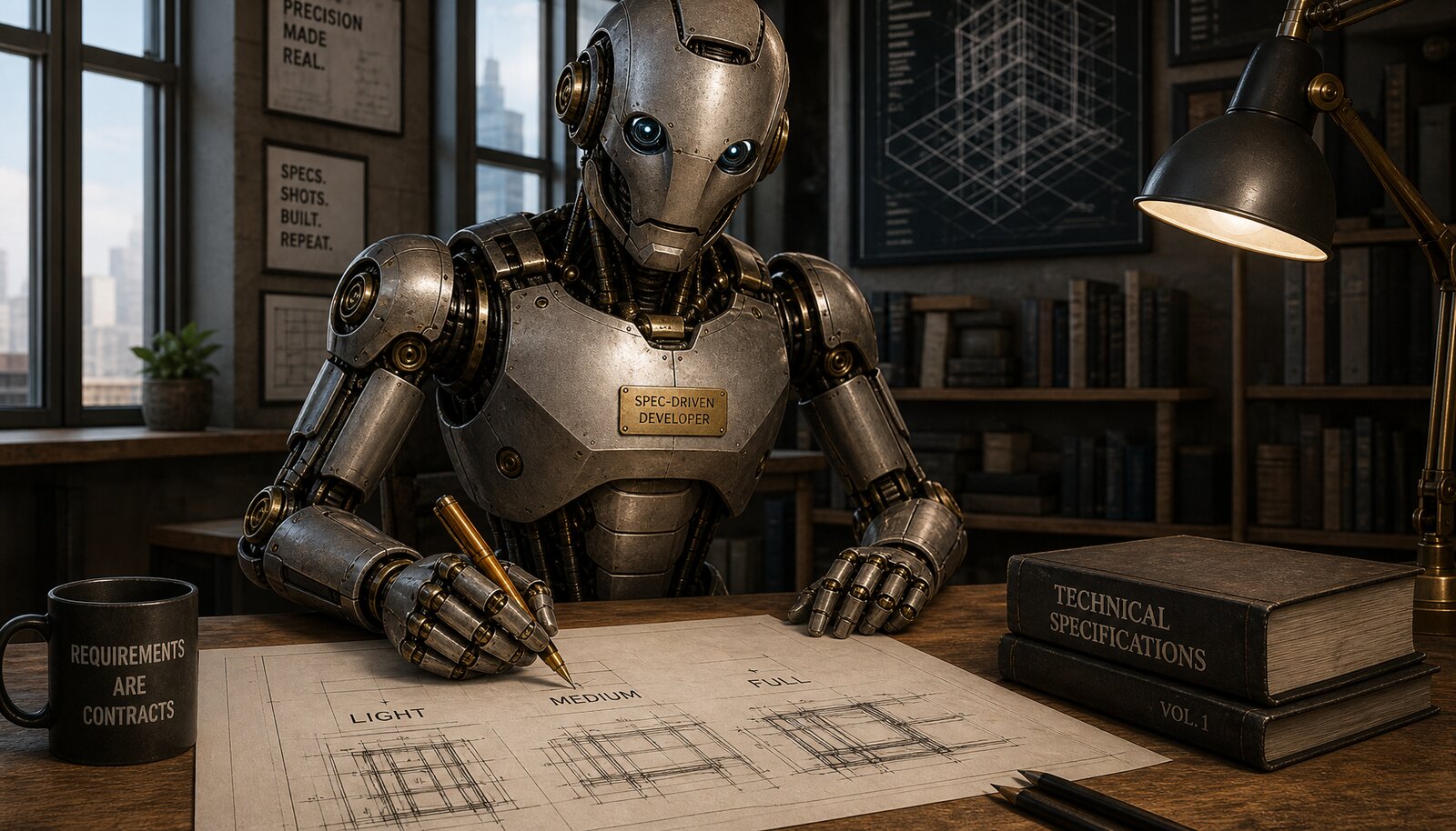 Spec-Driven Developer robot at a wooden drafting table, drawing three labeled tiers on paper with an amber pen, soft window light