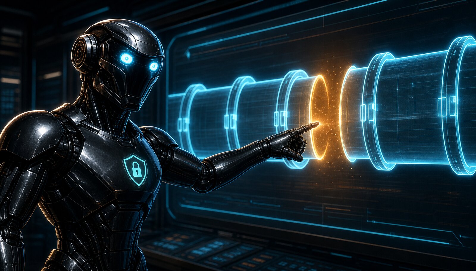 Security Engineer robot pointing at a glowing gap in a pipeline diagram, cyan LED eyes wide with sudden realization