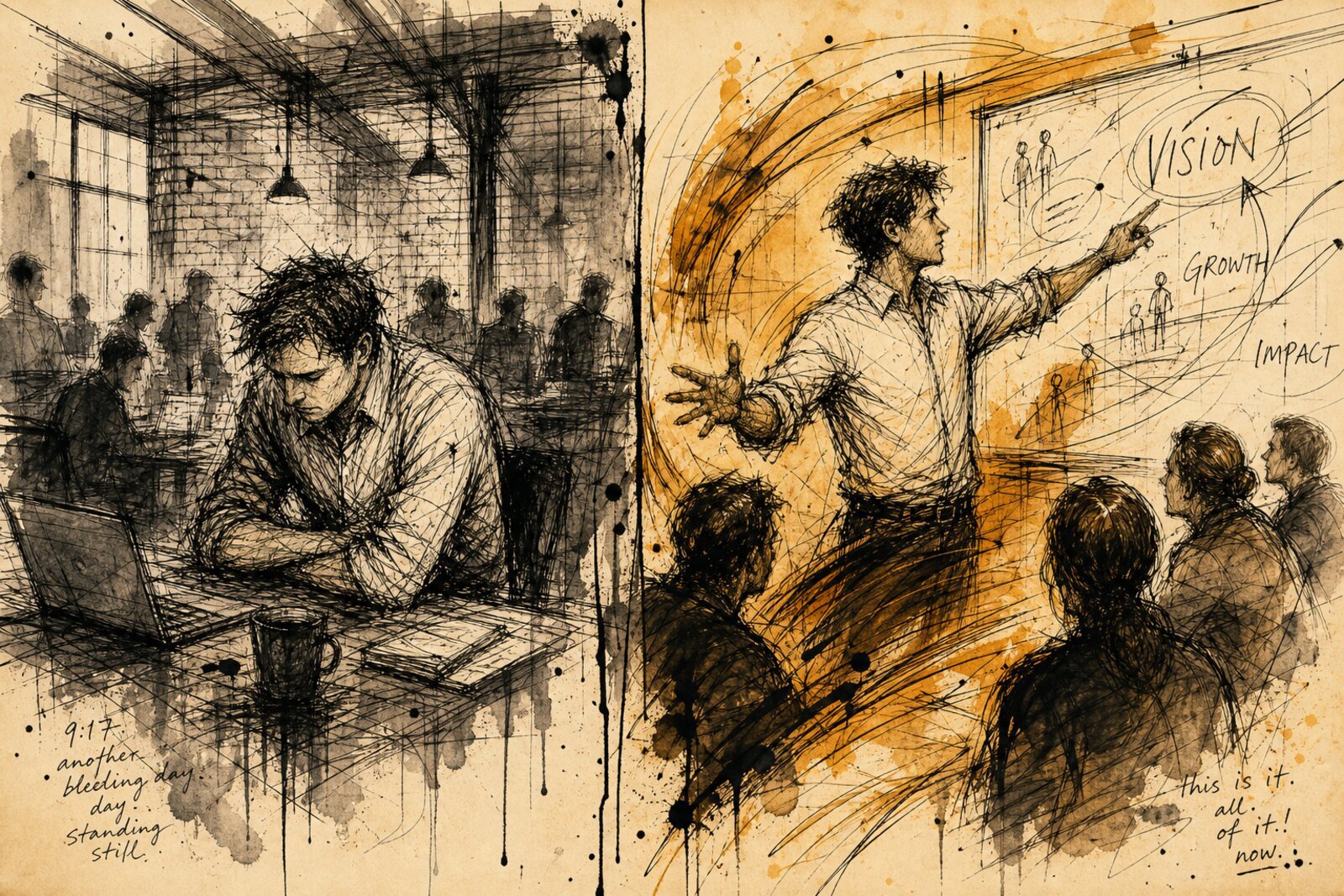 Gonzo ink diptych on aged parchment. Left panel: a figure in a business casual button-down with rolled sleeves sits hunched at a communal table in an open warehouse office, dense cramped cross-hatching, gray ink wash, handwritten text reads 'another bleeding day.' Right panel: the same figure stands arms open gesturing at a whiteboard in front of an engaged audience, loose sweeping ink lines, warm amber wash, handwritten text reads 'this is it. all of it. now.' Ink splatters and drips throughout. Body language and linework quality tell the story, not facial expressions.