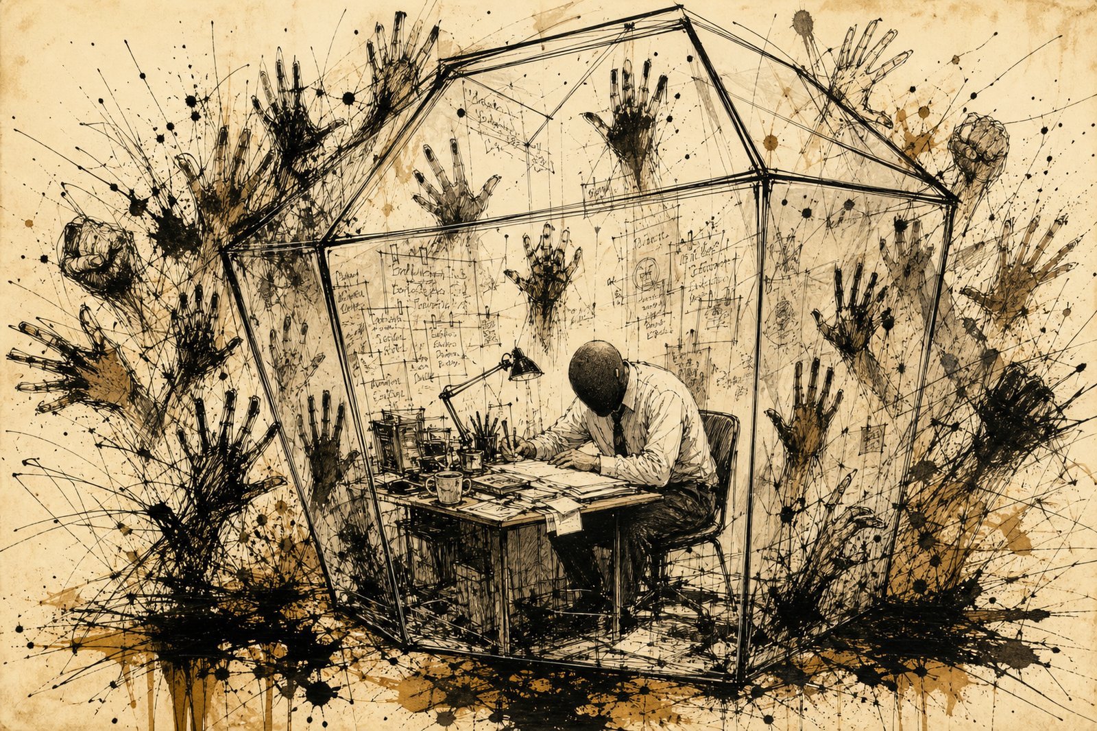 Cover Image Gonzo ink on aged parchment. A large glass terrarium dominates the foreground. Inside, a single figure sits at a small desk working intently while dozens of hands press from the outside against the glass, leaving smudged fingerprints. The figure inside is unaware of the hands. The hands are numerous, reaching from all directions, some open in supplication, some clenched in frustration. Ink splatters gather at the base of the glass. No text. The glass is the subject, transparent, invisible, and absolute.