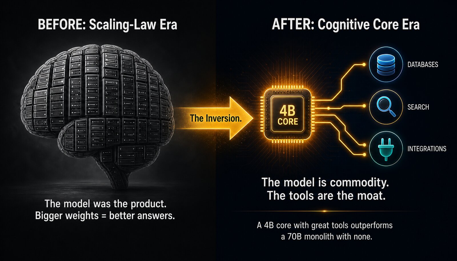 Before and after comparison: Left panel in gray shows the Scaling-Law Era where the model was the product and bigger weights meant better answers. Right panel in vivid color shows the Cognitive Core Era where the model is commodity and the tools are the moat.