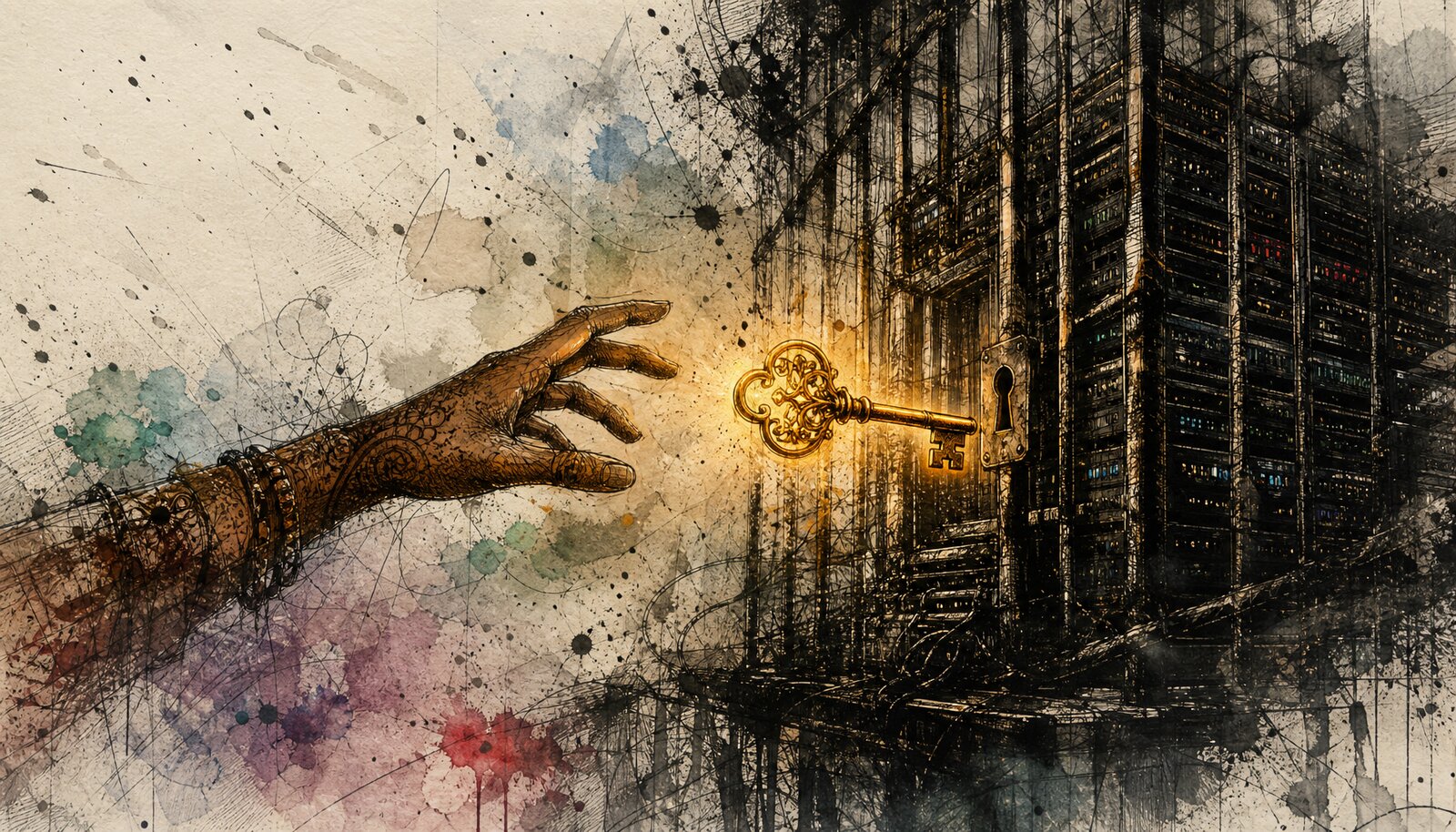A woman's hand with warm brown skin reaching toward a large glowing key outside a cage made of twisted server rack bars, the cage dissolving into ink wash at the edges
