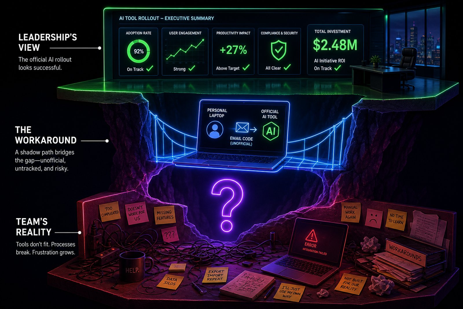 Three-layer diagram showing a polished executive dashboard labeled Leadership's View at the top, a jagged gap with a glowing laptop bridge labeled The Workaround in the middle, and a cluttered chaotic desk labeled Team's Reality at the bottom