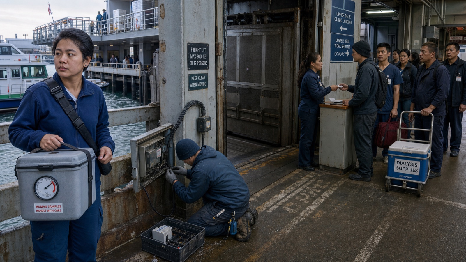 A courier holds a medical case beside a technician repairing a corroded lift panel as clinic staff wait near a freight lift.