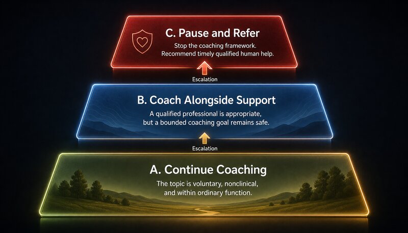 Three-tier escalation diagram: A. Continue Coaching (green, wide), B. Coach Alongside Support (blue, narrower), C. Pause and Refer (red, narrowest), with escalation arrows between tiers.