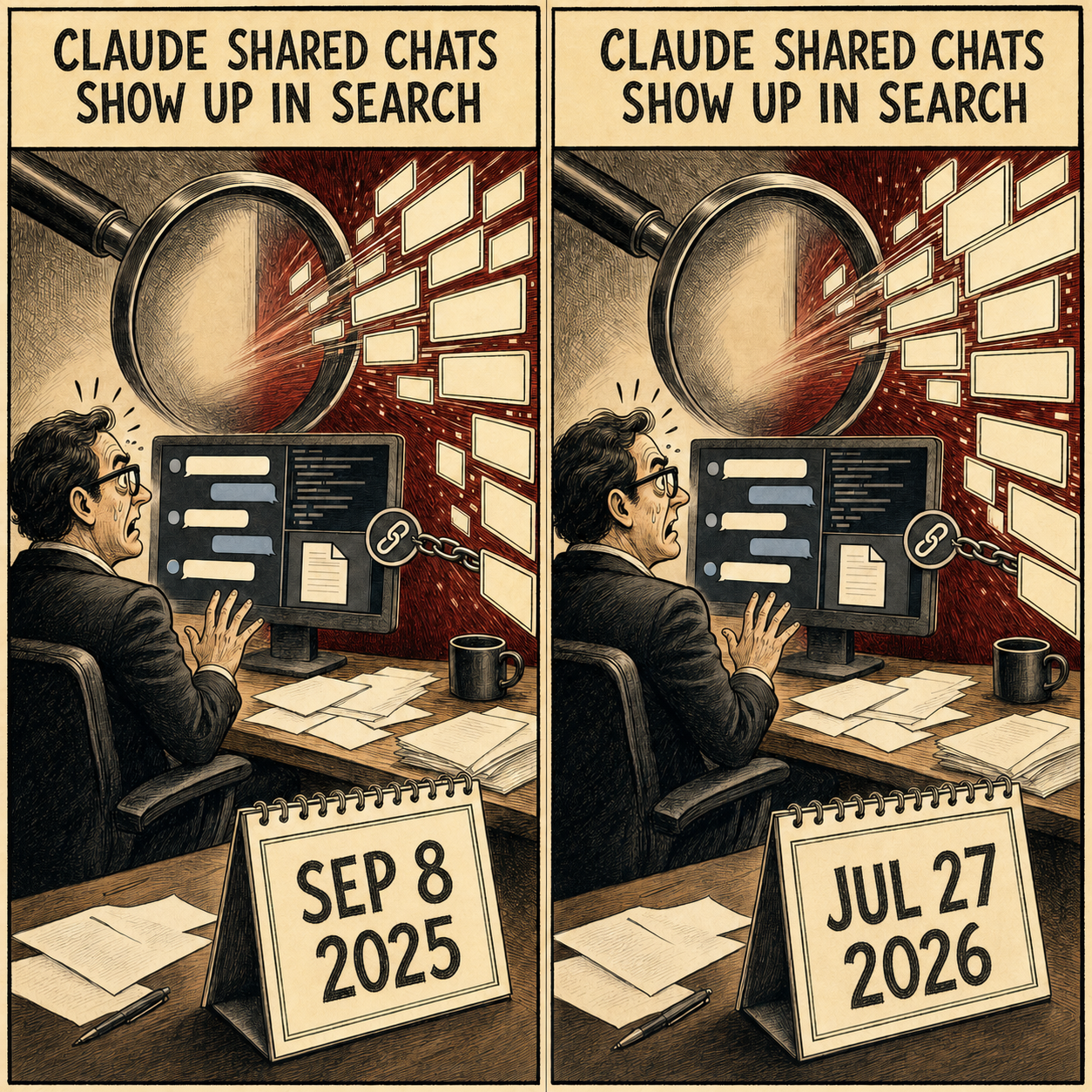 Diptych of the same AI-chat search exposure on Sep. 8, 2025, and Jul. 27, 2026, with the repeated headline, “Claude shared chats show up in search.”
