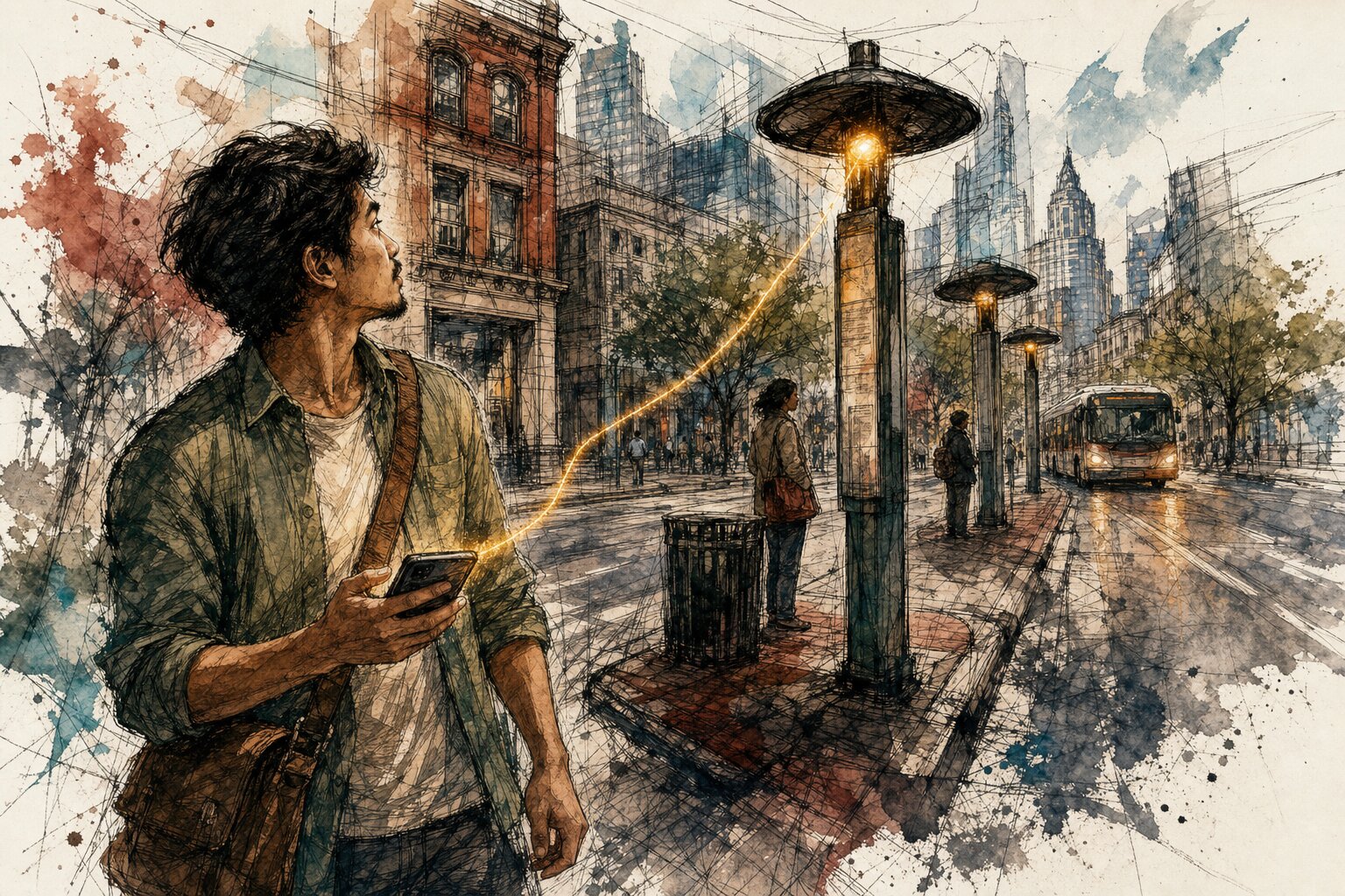 Gonzo ink illustration of a bus rider at a downtown Raleigh corner following an amber path from a phone toward nearby stops and an approaching bus.