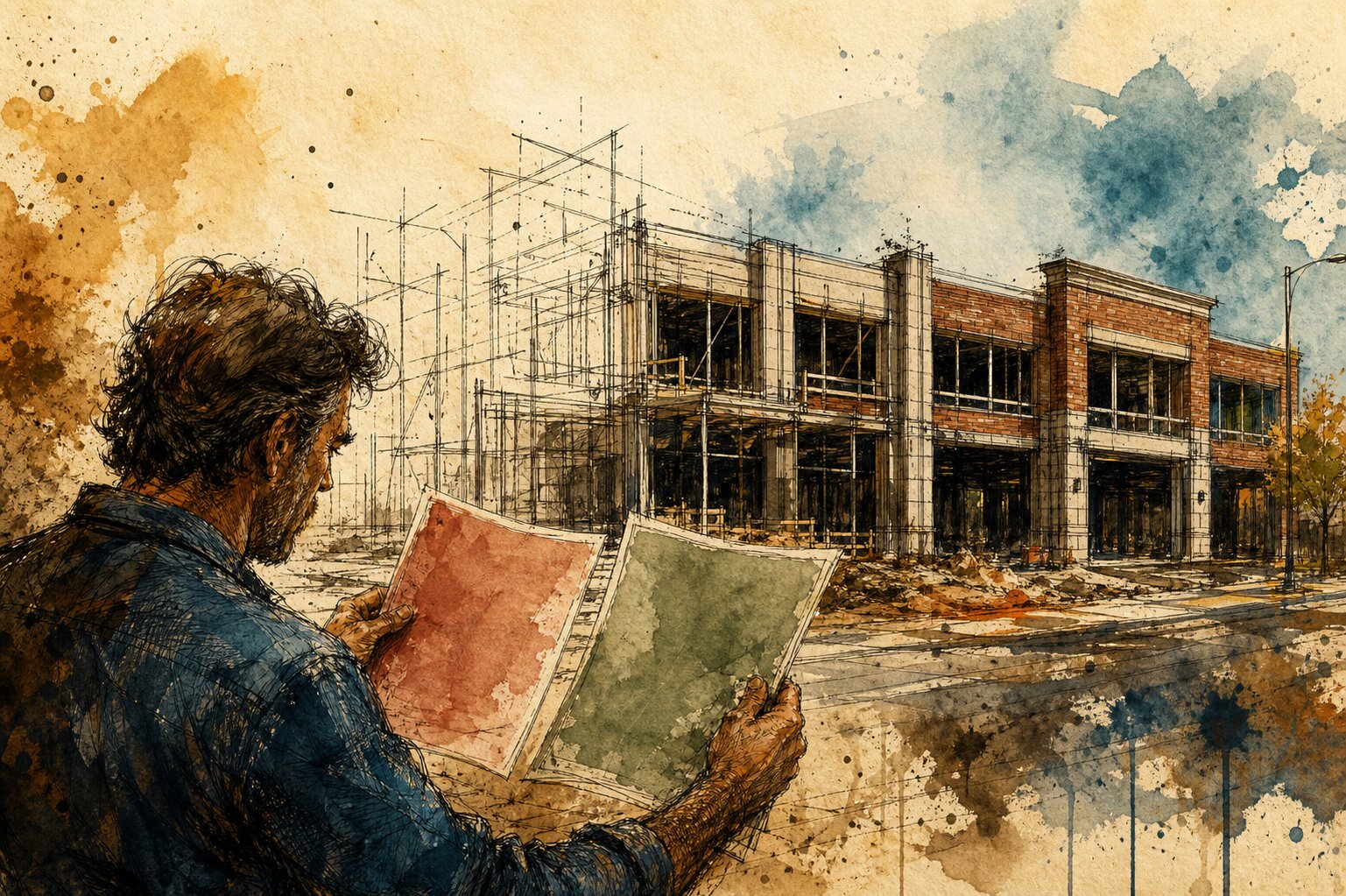Gonzo ink illustration of a resident holding red- and green-washed inspection pages before a commercial shell building that becomes more complete across the frame.