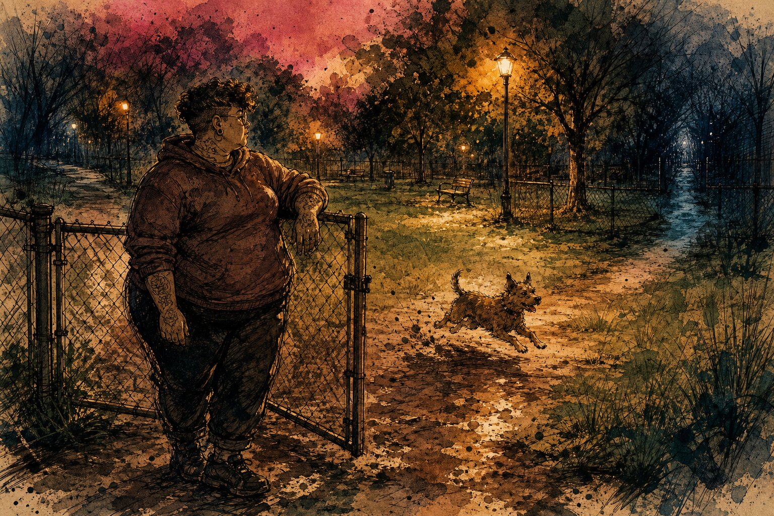 Gonzo ink illustration of a small dog running under amber park lights while its owner watches from an open gate and darker paths recede behind them.