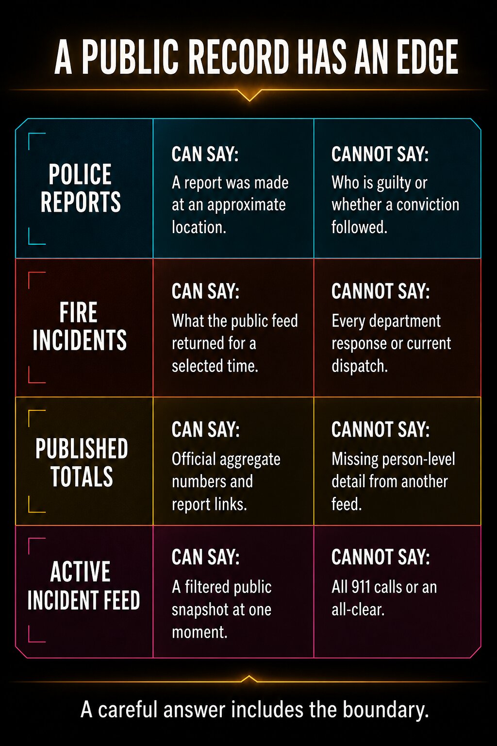 Infographic: police reports, fire incidents, published totals, and active feeds each show a useful public record, but not guilt, every response, missing detail, or an all-clear.