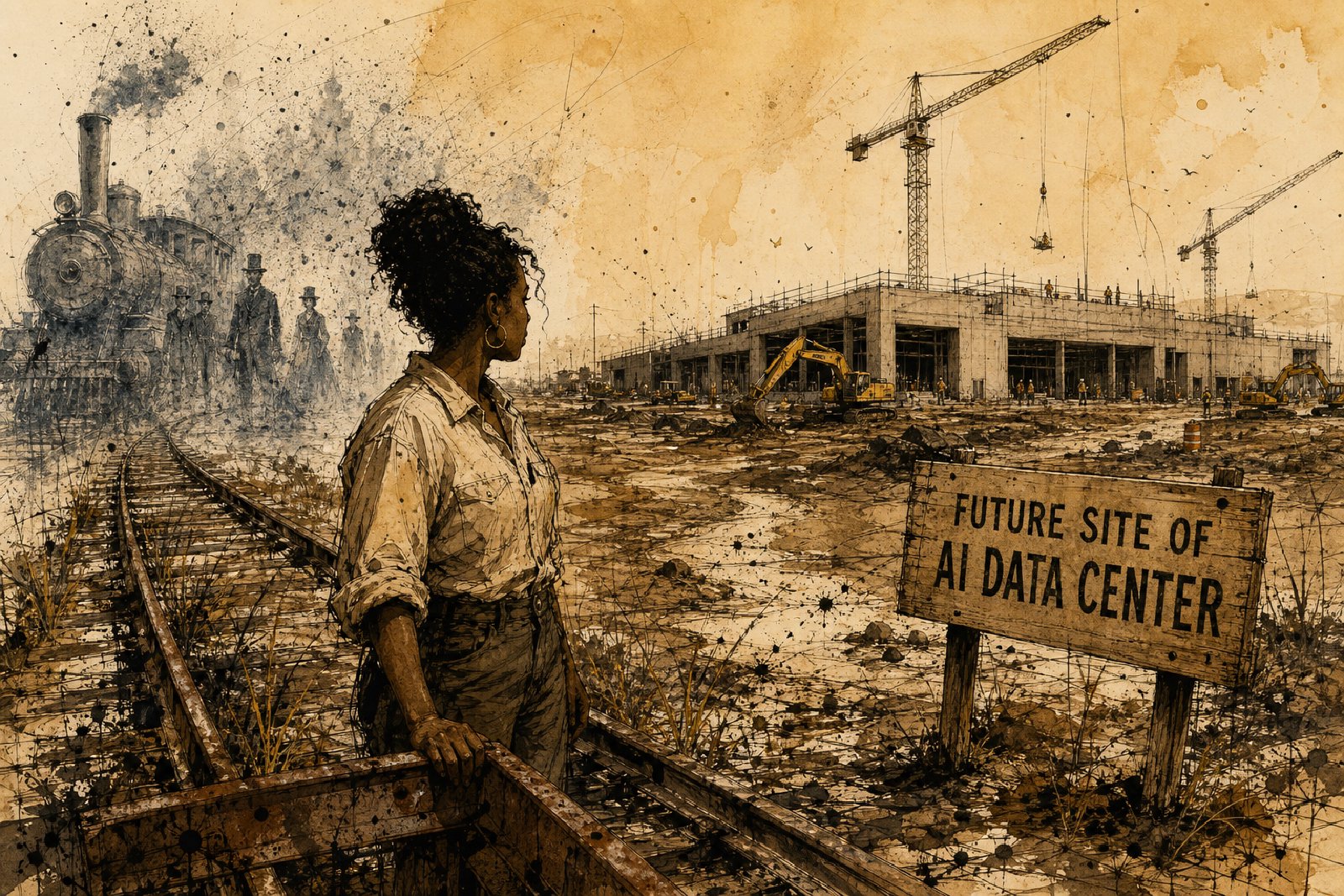 Cover Image Abandoned railroad tracks run diagonally through a desolate field. On the left, a ghostly, translucent steam train fades into ink splatter, populated by faint 19th-century figures. On the right, a low-rise data center under construction: steel beams, cranes, welding sparks. A Black woman in a work shirt stands at the junction between them, one hand on a rusted rail. Sepia tones, gonzo ink illustration.