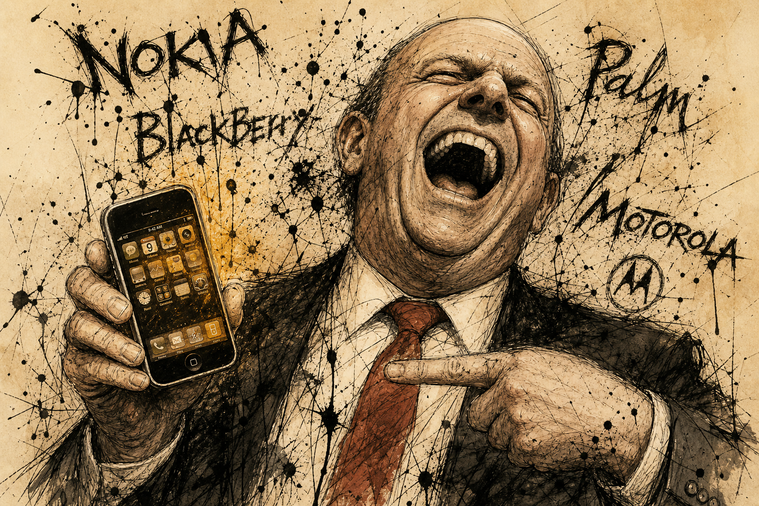 Gonzo ink illustration of Steve Ballmer laughing maniacally while holding an early iPhone, with gravestones labeled Nokia, BlackBerry, and Palm behind him.