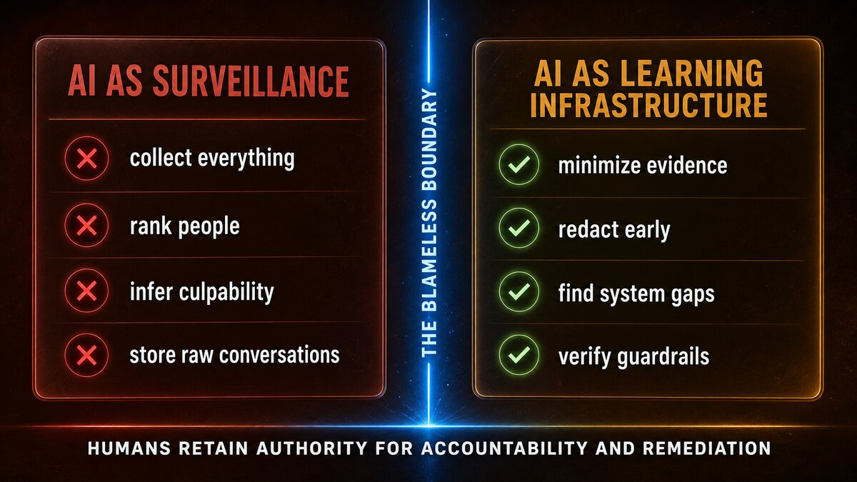 Two columns contrast AI as surveillance, which collects everything and ranks people, with AI as learning infrastructure, which minimizes evidence, redacts early, finds system gaps, and verifies guardrails. A central boundary says humans retain authority for accountability and remediation.