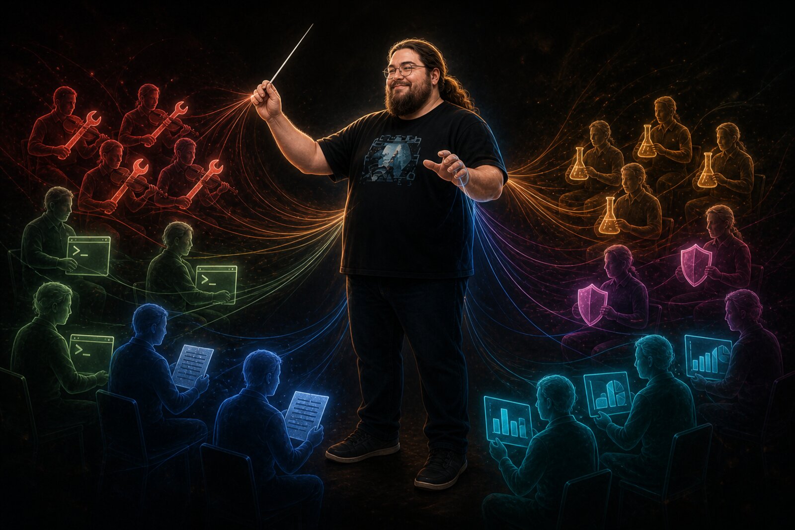 Neckbeard, a bearded man with a ponytail, wire glasses, and black t-shirt, conducts glowing figures holding wrenches, terminals, documents, flasks, shields, and charts.