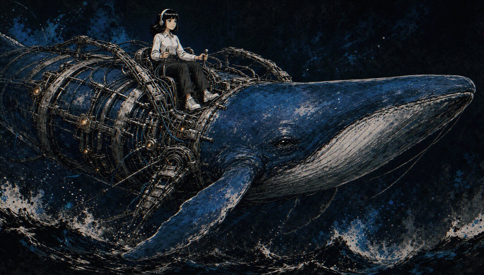 Nous Girl, wearing white headphones and a collared shirt, pilots a cobalt whale through an open cybernetic exoskeleton above dark ocean waves.