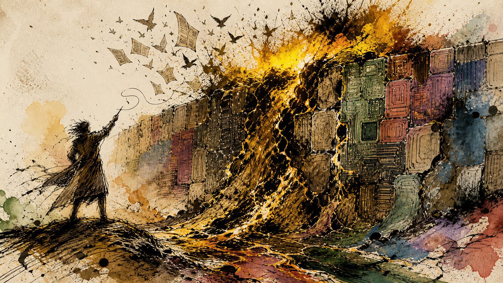 Cover Image Gonzo ink on aged parchment. A lone figure in a long coat stands on a low rise, watching a flood of dark ink and glowing amber light pour over the top of a massive wall built of stacked stone and circuit boards. The flood cascades through widening cracks and spreads past the wall into open ground. The figure's raised hand holds a pen whose single ink line ends mid-air while the flood ignores it. Paper sheets dissolve into birds flying over the wall. No text.